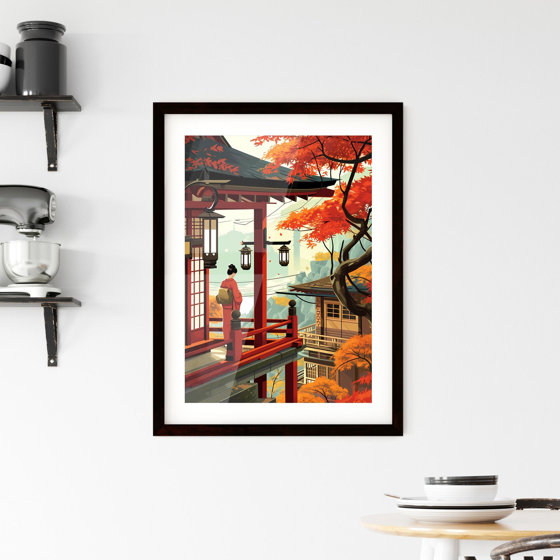 A Poster of Mount Fuji - A Woman Standing On A Balcony With Lanterns And Trees Default Title