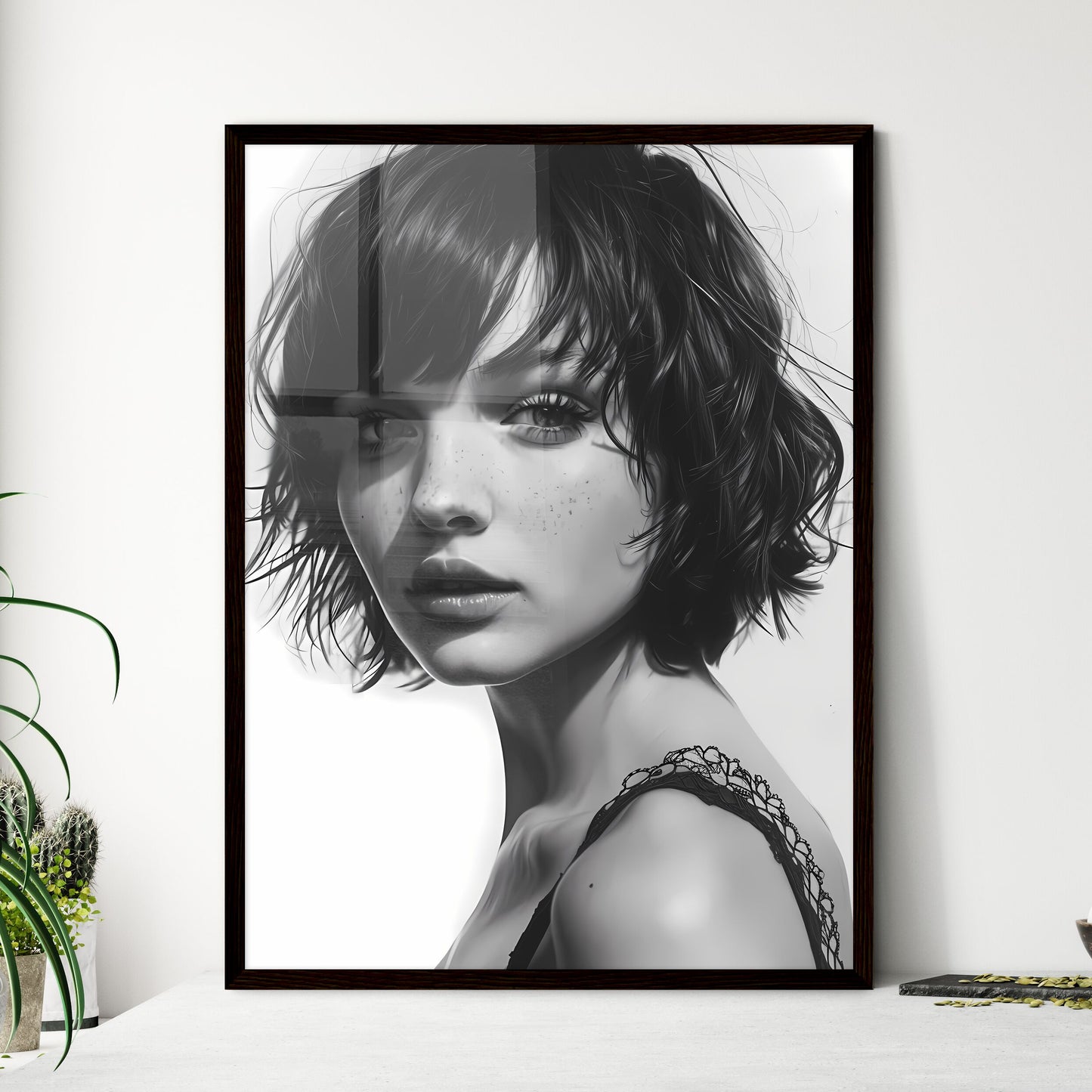 A Poster of ink drawing - A Woman With Short Hair And Freckles Default Title