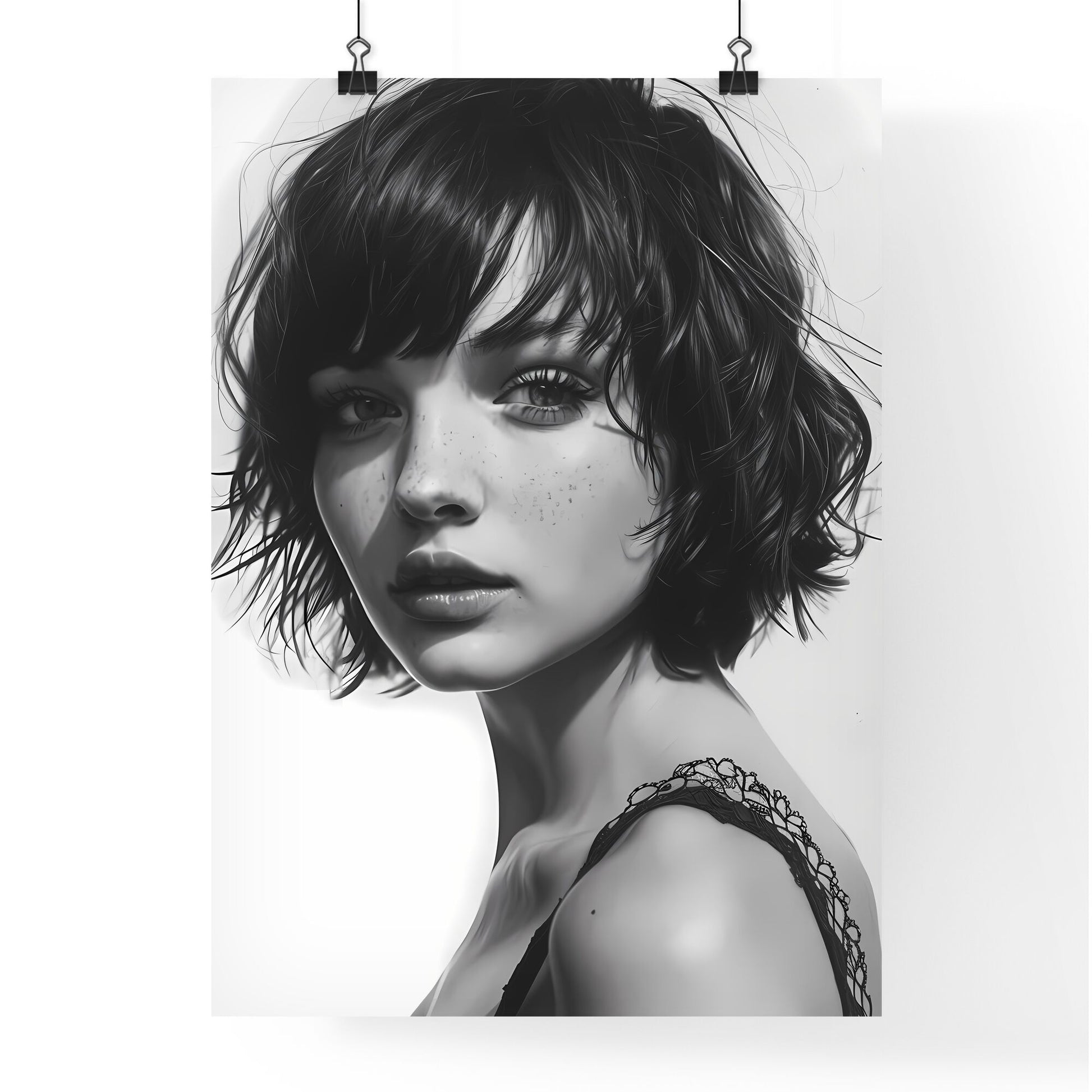 A Poster of ink drawing - A Woman With Short Hair And Freckles Default Title