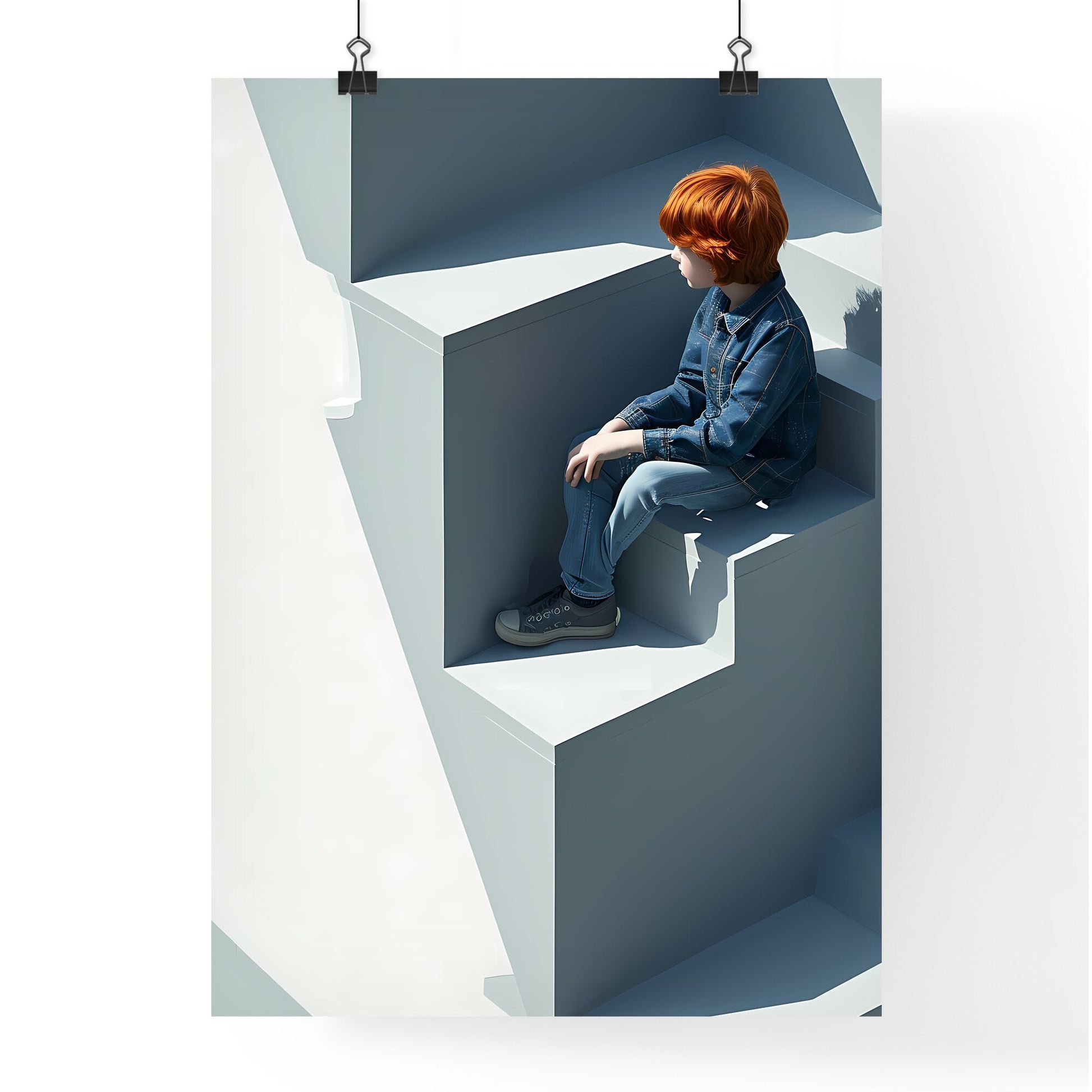 A Poster of pink and blue pastel photomodel - A Boy Sitting On A Staircase Default Title