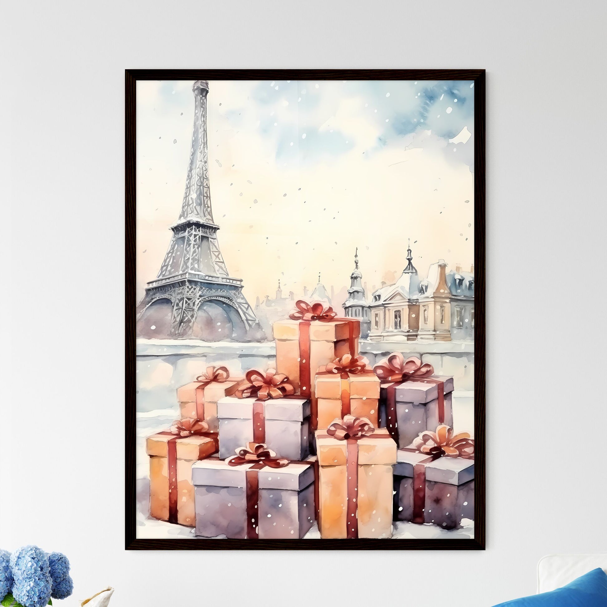 A Poster of Christmas and Holiday Gifts on Snow - A Watercolor Of A Tower With A Stack Of Presents Framed Art