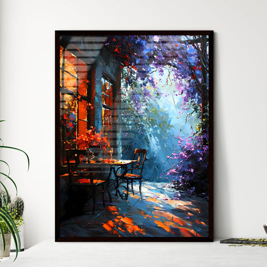 A Poster of Painting of table and chairs by the window - A Table And Chairs Outside A Building Framed Art