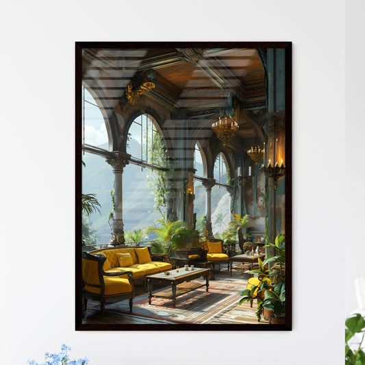 A Poster of furniture on deck with a view - A Room With A Large Window And Plants Framed Art