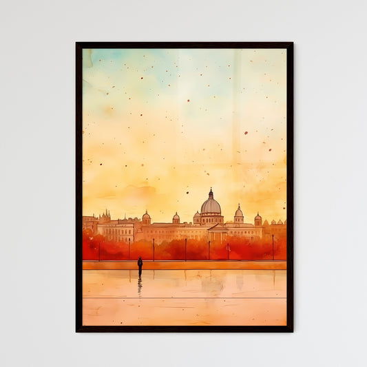 A Poster of minimal christmas background - A Watercolor Of A City With A Building In The Background Framed Art