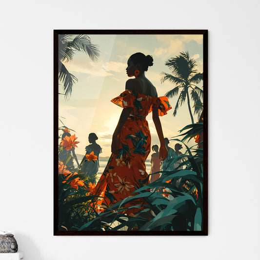 A Poster of a green sunny landscape with many dancers - A Woman In A Dress Surrounded By Palm Trees Default Title