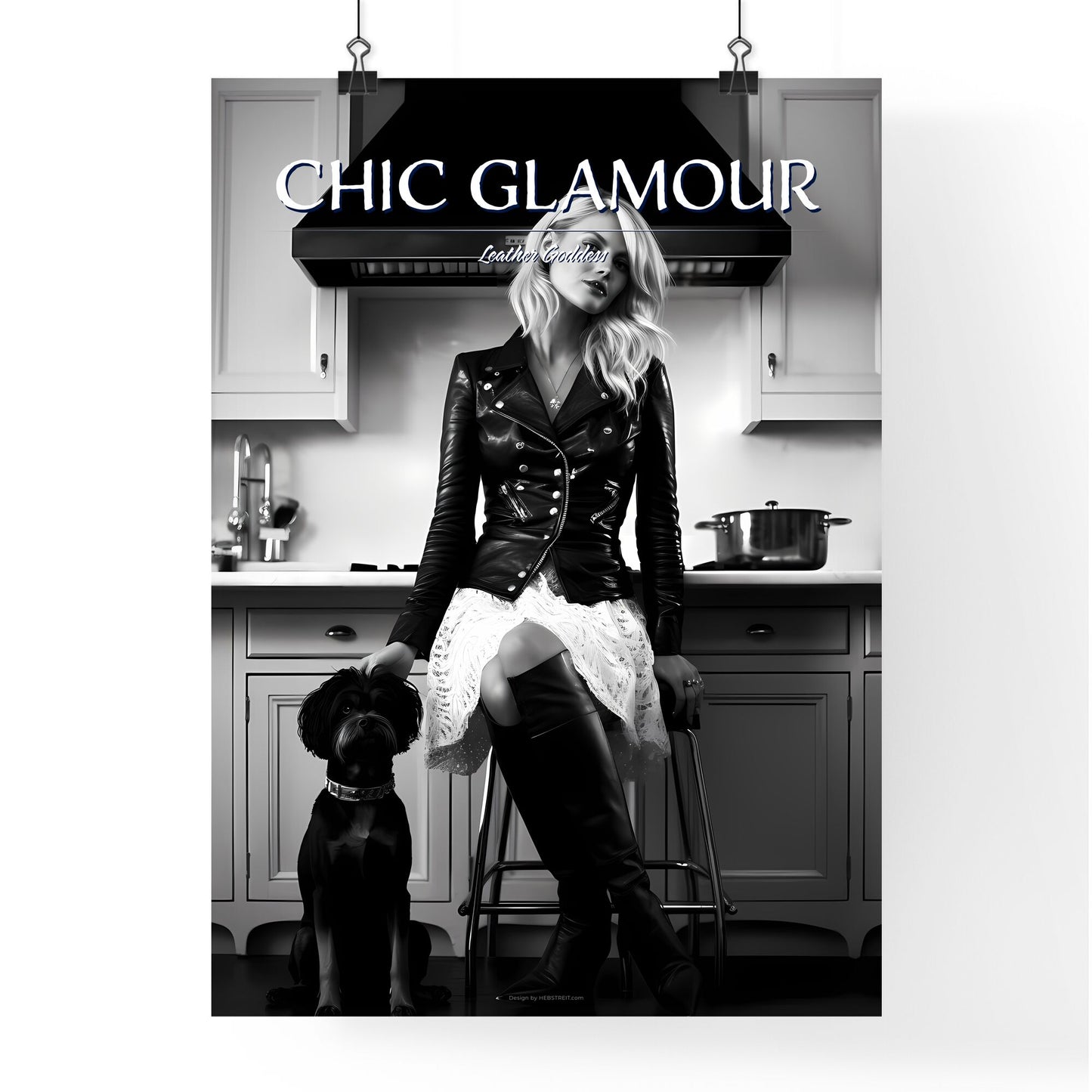 A Poster of leather goddess in a tres chic kitchen - A Woman Sitting On A Stool With A Dog Default Title