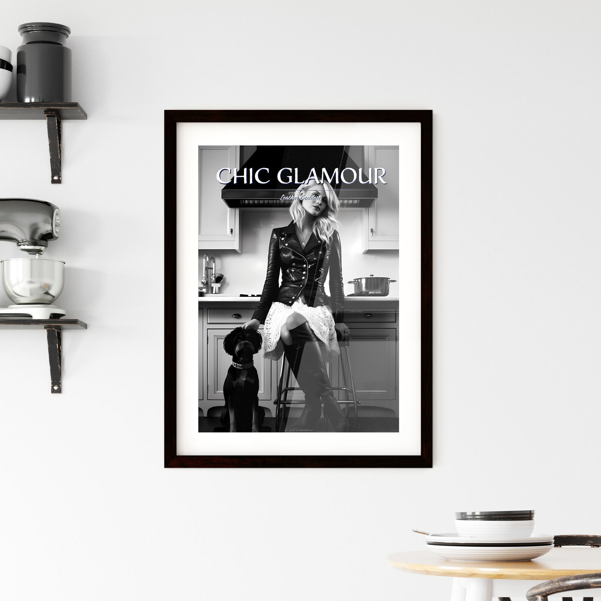 A Poster of leather goddess in a tres chic kitchen - A Woman Sitting On A Stool With A Dog Default Title