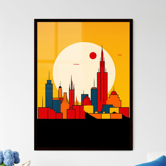 A Poster of minimalist Mexico City skyline - A City Skyline With A Sun Behind It Framed Art