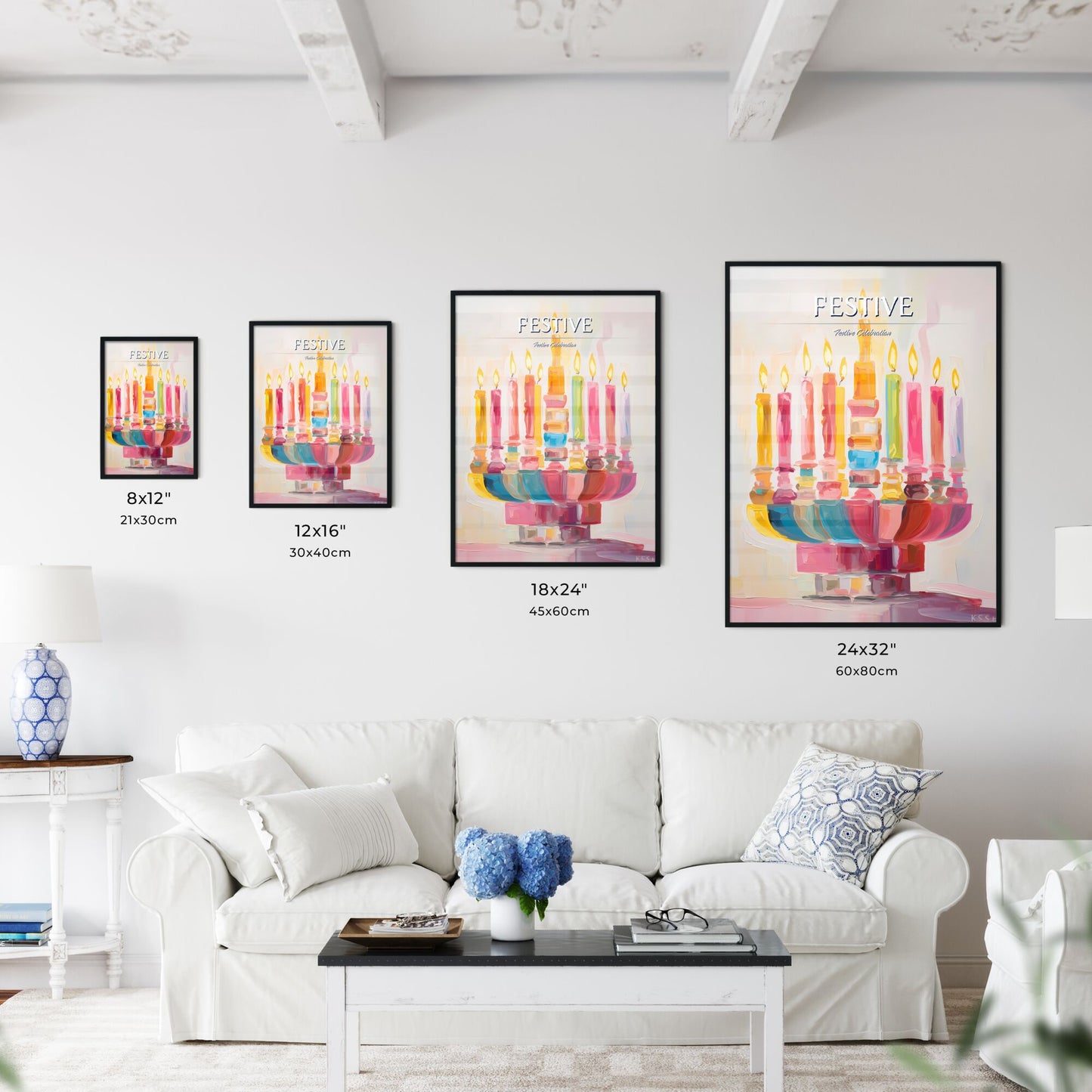 A Poster of a colorful menorah painted on white - A Painting Of A Menorah With Lit Candles Default Title