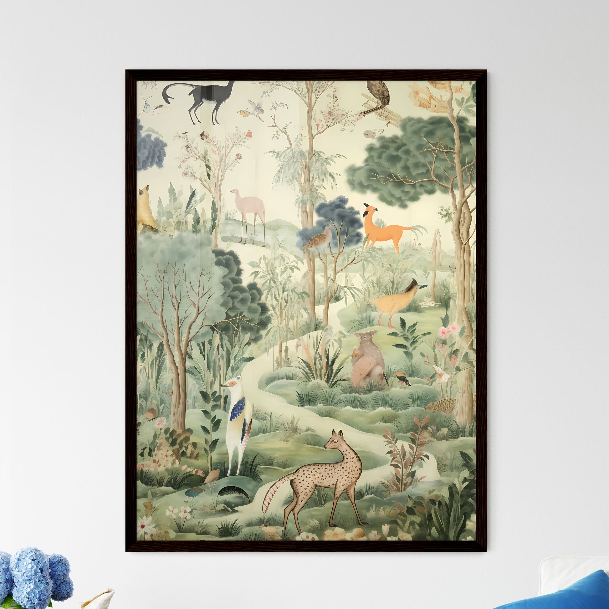 A Poster of the tapestry is green with many animals  Wall Art