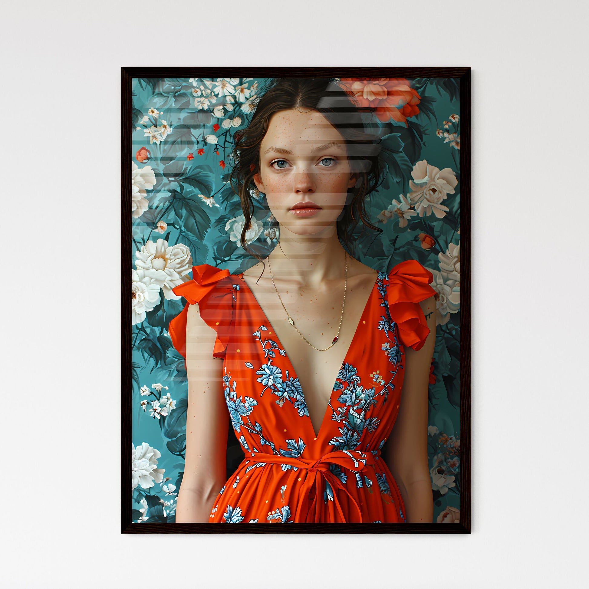 A Poster of an orange dress with blue eyes f - Framed Art Print