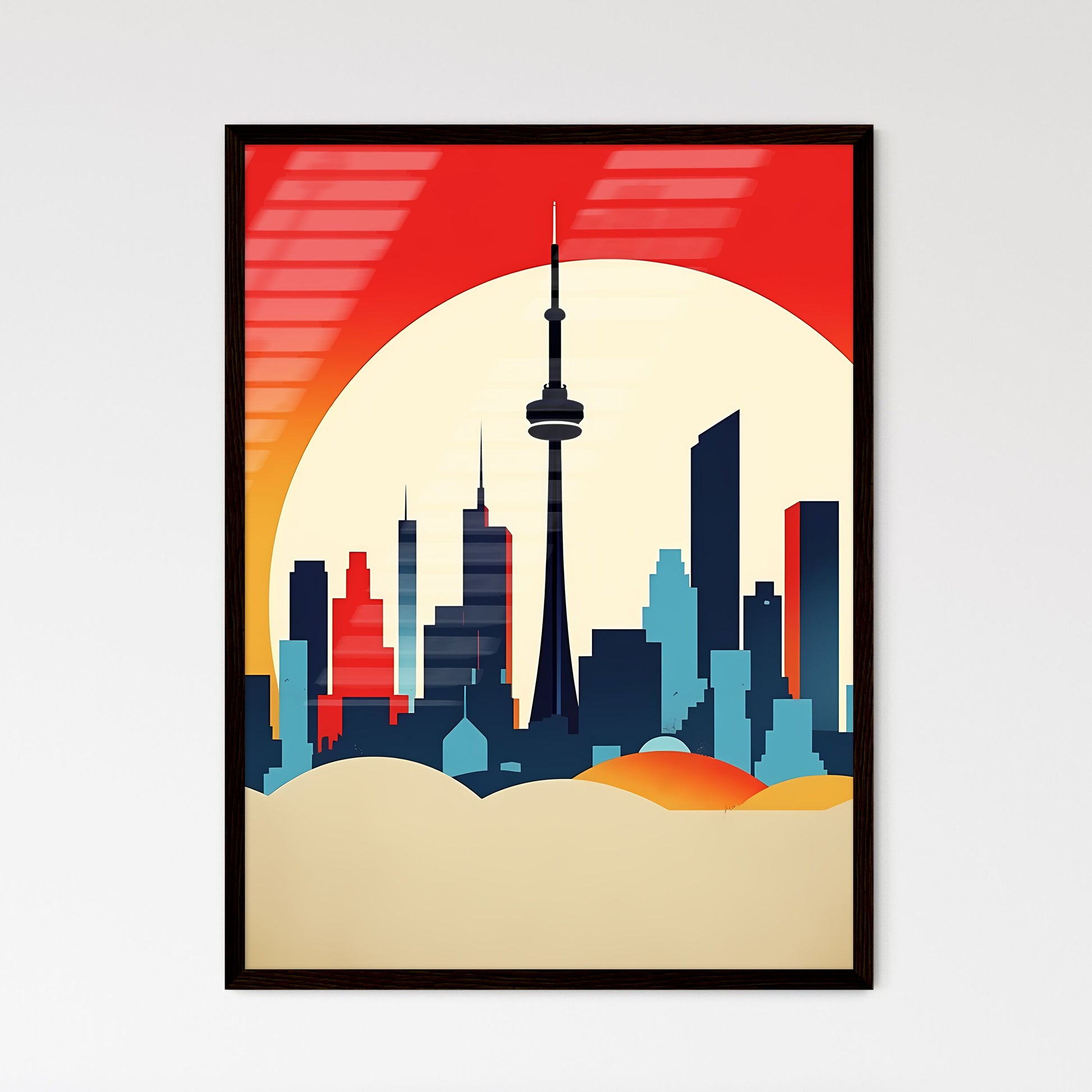 A Poster of minimalist Toronto skyline - A City Skyline With A Large Sun Behind It Framed Art