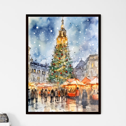 A Poster of people walking a beautiful Italian Christmas market - A Painting Of A Christmas Tree In A City Framed Art