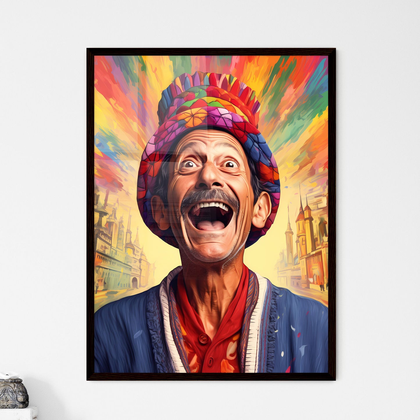 A Poster of happy suprised man wearing santa hat  Framed Print