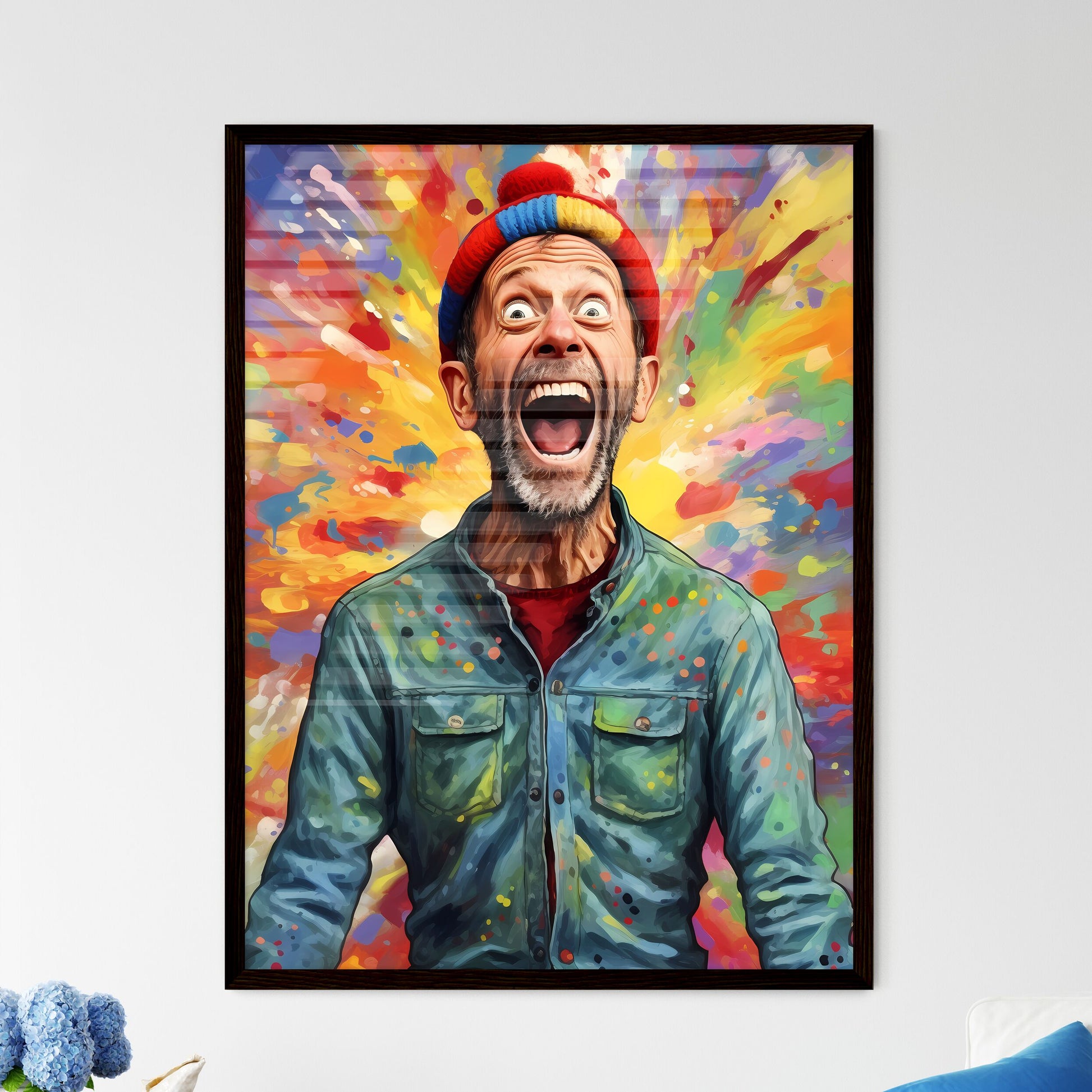A Poster of happy suprised man wearing santa hat  Framed Print
