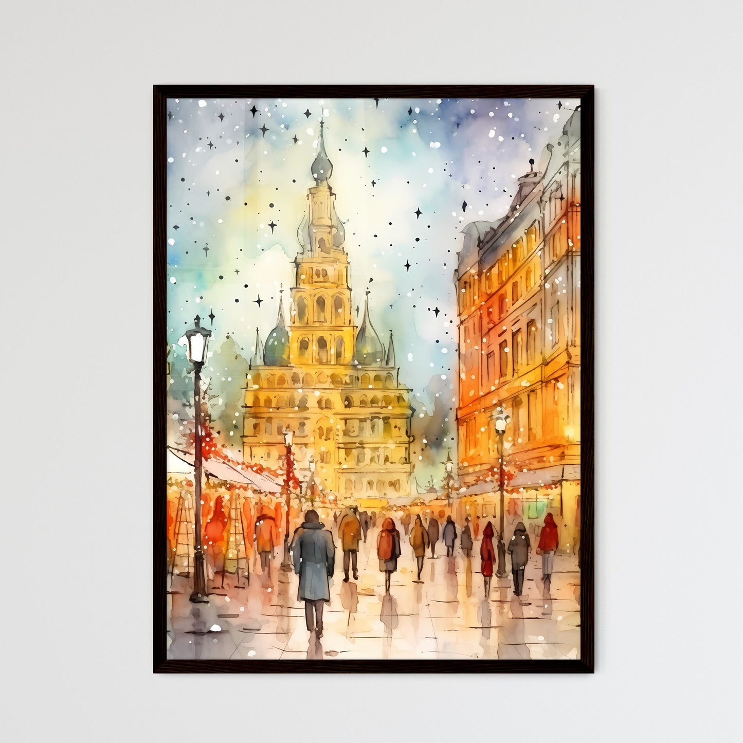 A Poster of people walking a beautiful Italian Christmas market - A Watercolor Painting Of A Street With Buildings And People Walking Framed Art