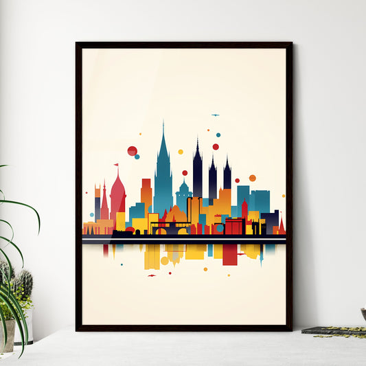 A Poster of minimalist Barcelona skyline - A Colorful City Skyline With Many Buildings Framed Art