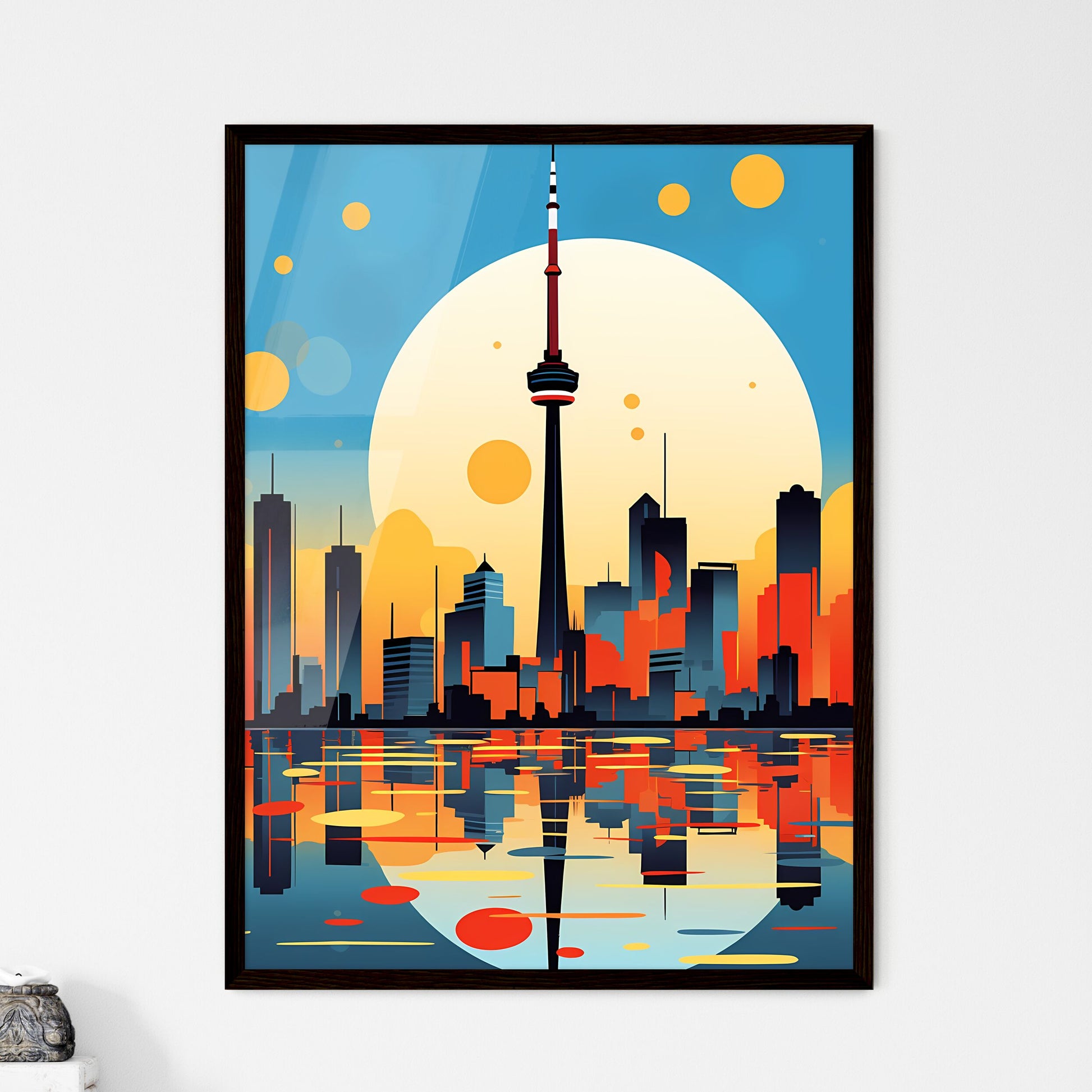 A Poster of minimalist Toronto skyline - A City Skyline With A Large Moon Framed Art