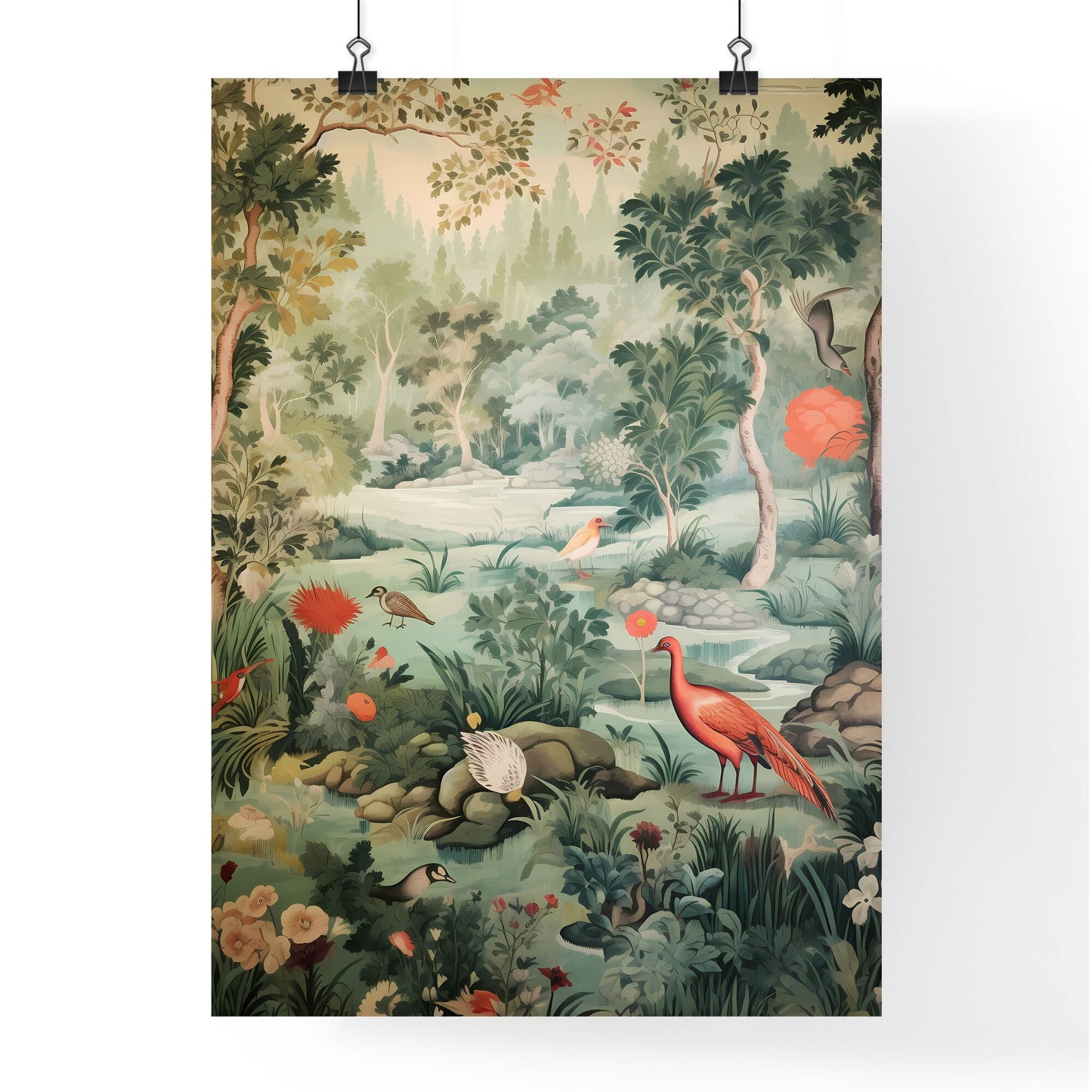 A Poster of the tapestry is green with many animals - A Mural Of Birds And Plants Default Title