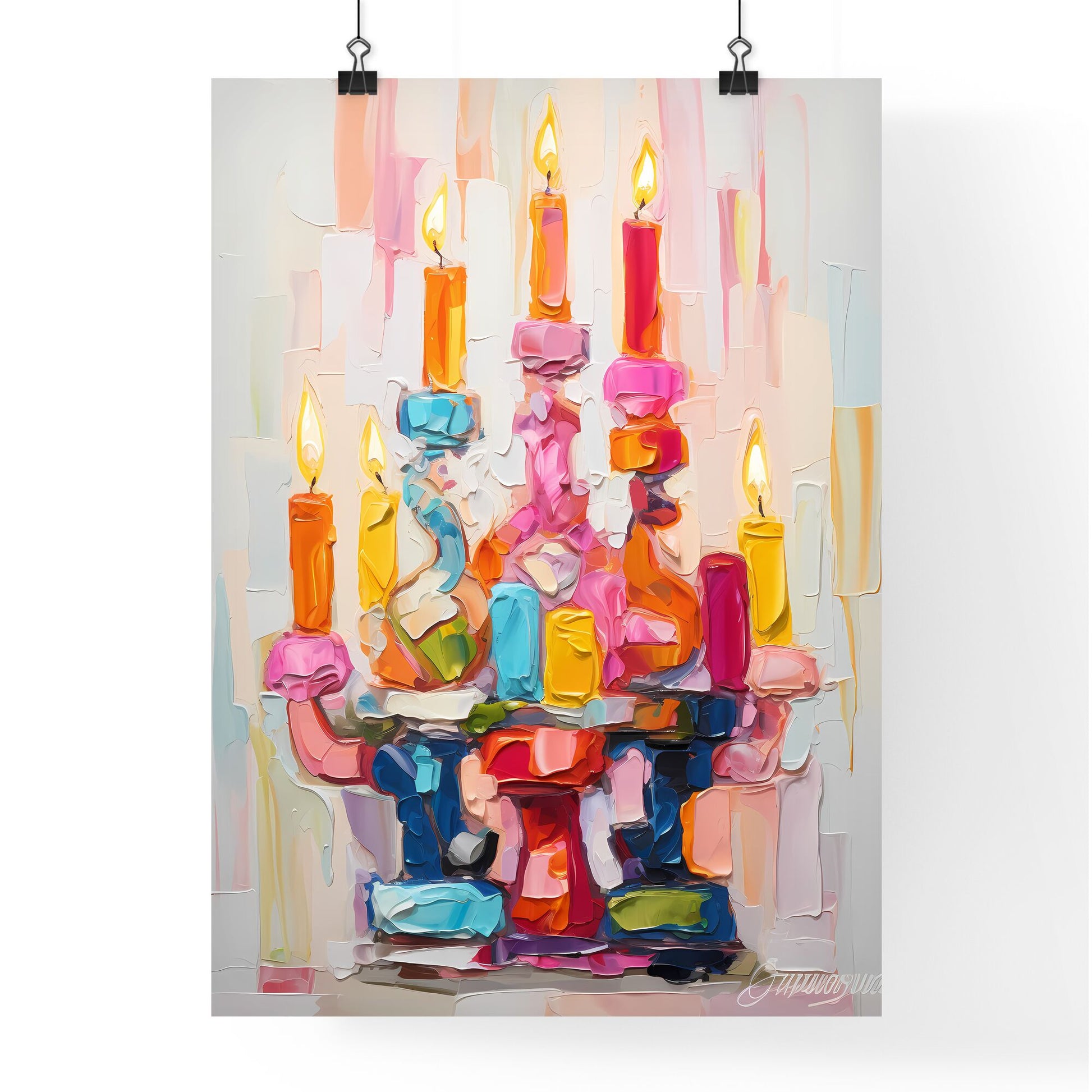 A Poster of a colorful menorah painted on white - A Painting Of A Colorful Candle Holder With Candles Default Title