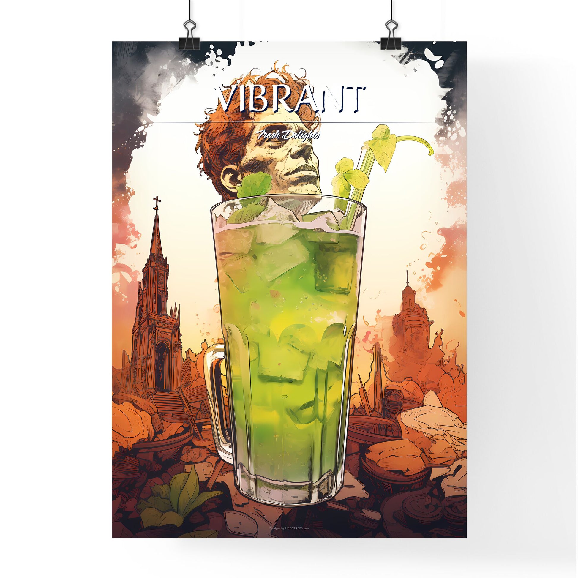 A Poster of mojito drink - A Man'S Head In A Glass Of Green Liquid With A Straw Default Title