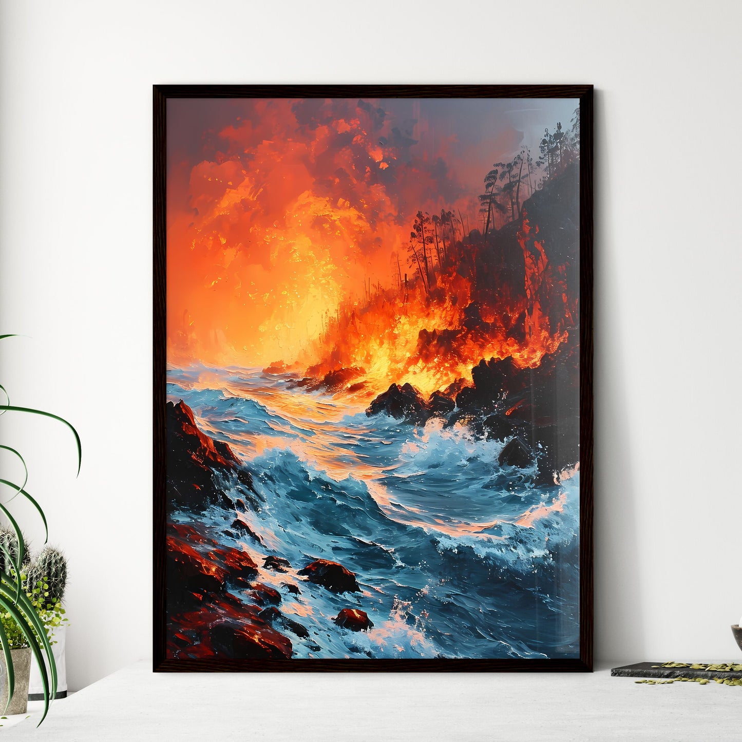 A Poster of fire - A Fire And Water Near A Rocky Cliff Default Title