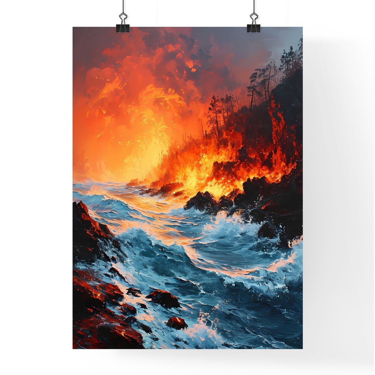 A Poster of fire - A Fire And Water Near A Rocky Cliff Default Title