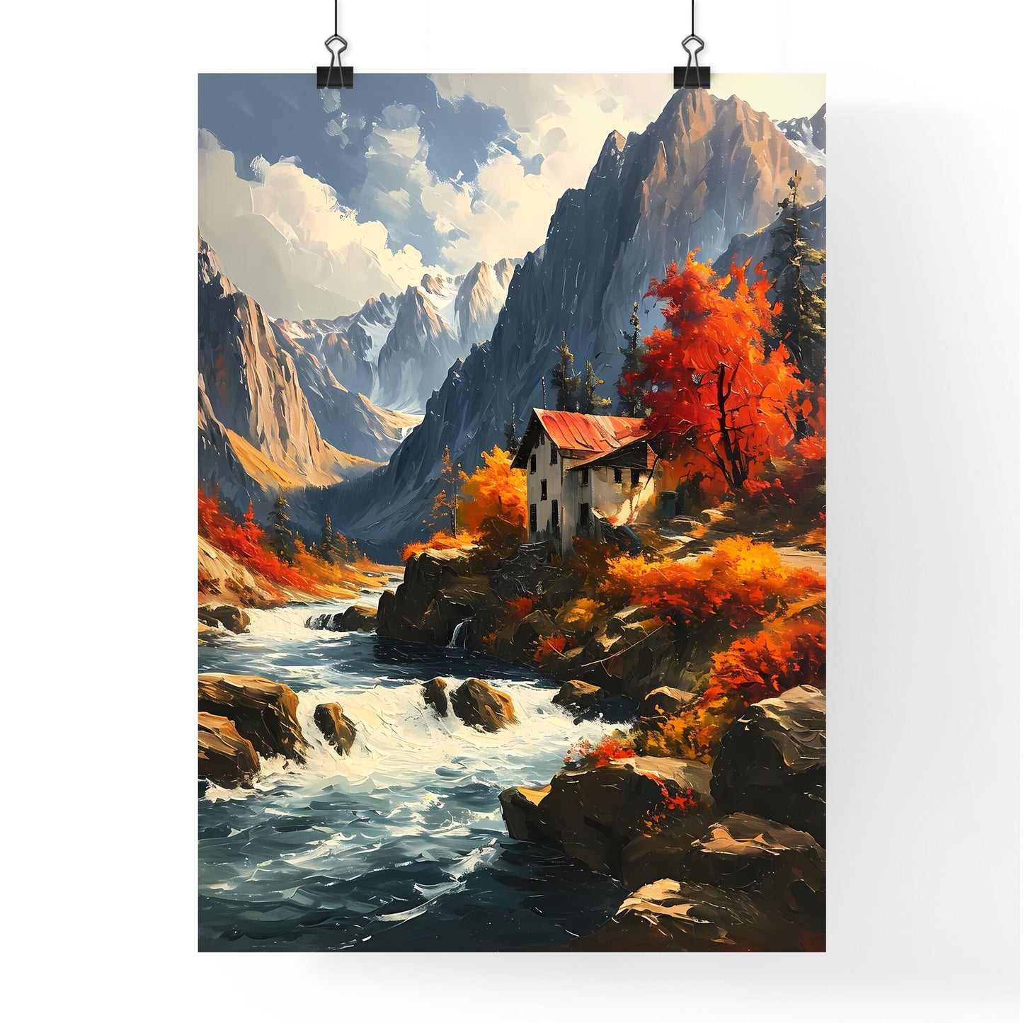 A Poster of Waterfalls landscape - A House On A Rocky Hillside With A River Running Through It Default Title