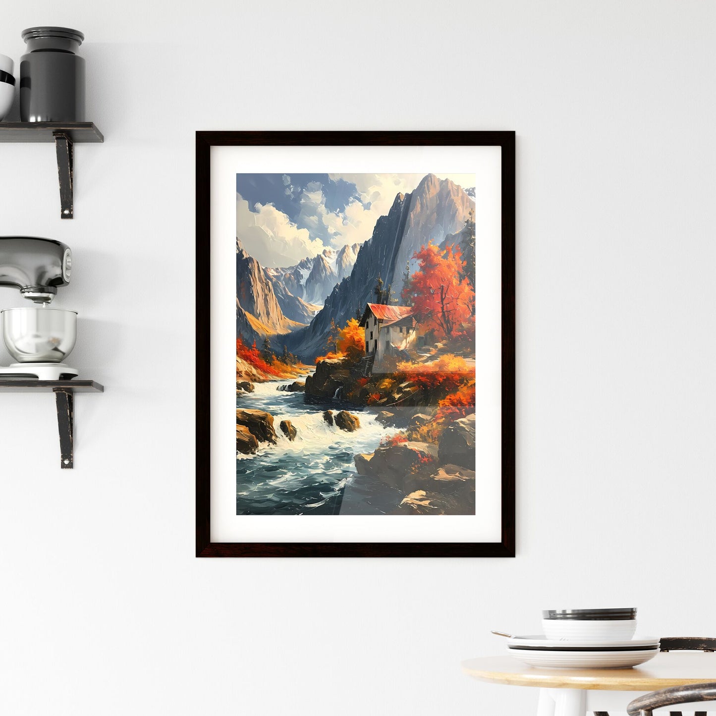 A Poster of Waterfalls landscape - A House On A Rocky Hillside With A River Running Through It Default Title