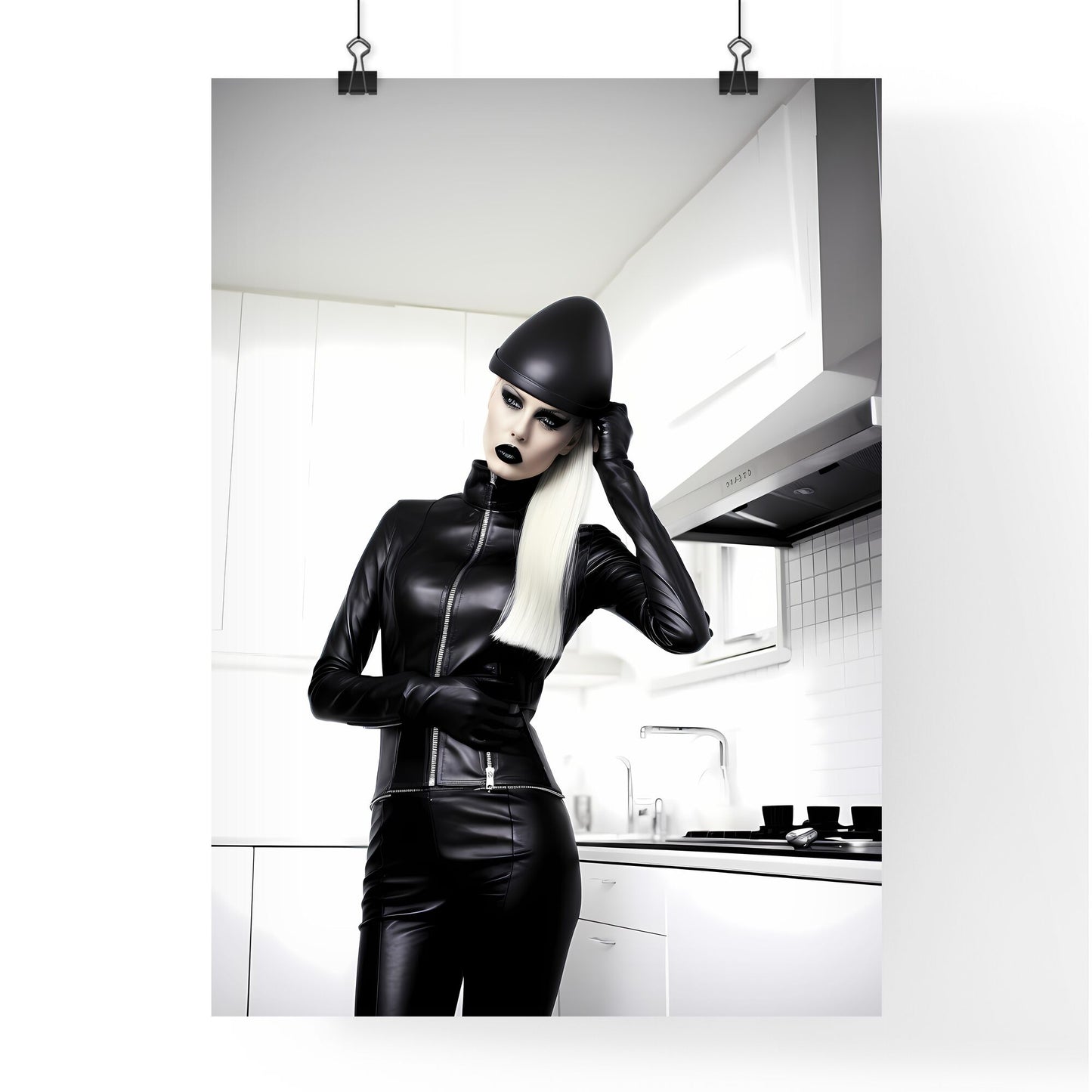 A Poster of female black skintight leather pants hips - A Person Wearing  Black Leather Pants And High Heels by HEBSTREIT