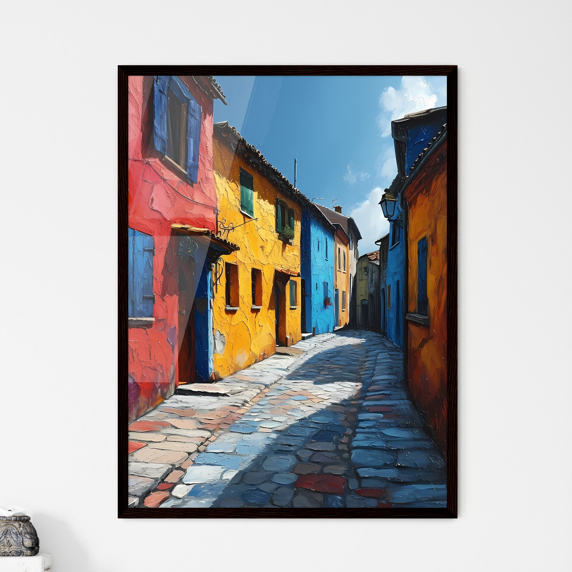 A Poster of Languedoc France - A Colorful Alleyway With Buildings And A Street Light Default Title