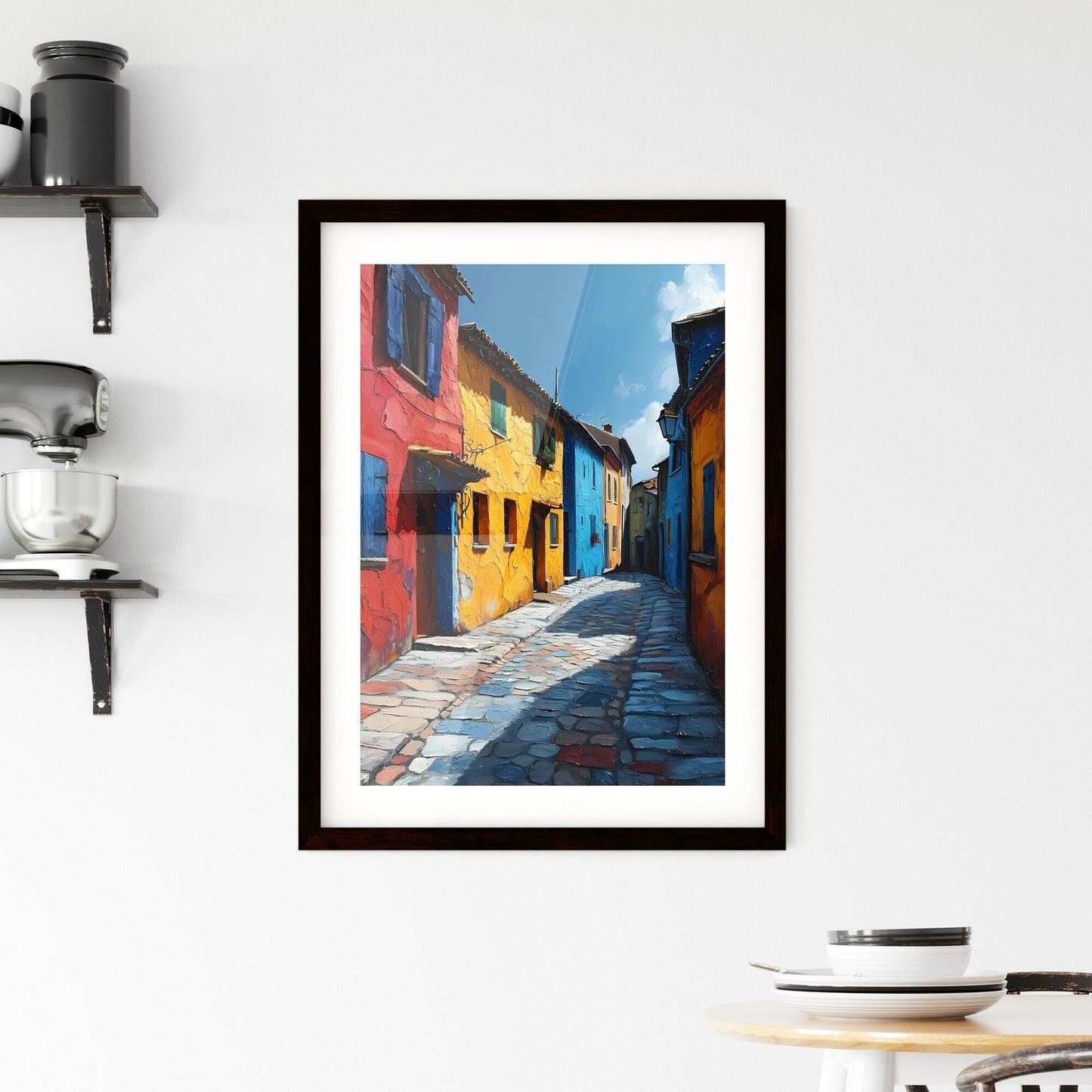 A Poster of Languedoc France - A Colorful Alleyway With Buildings And A Street Light Default Title