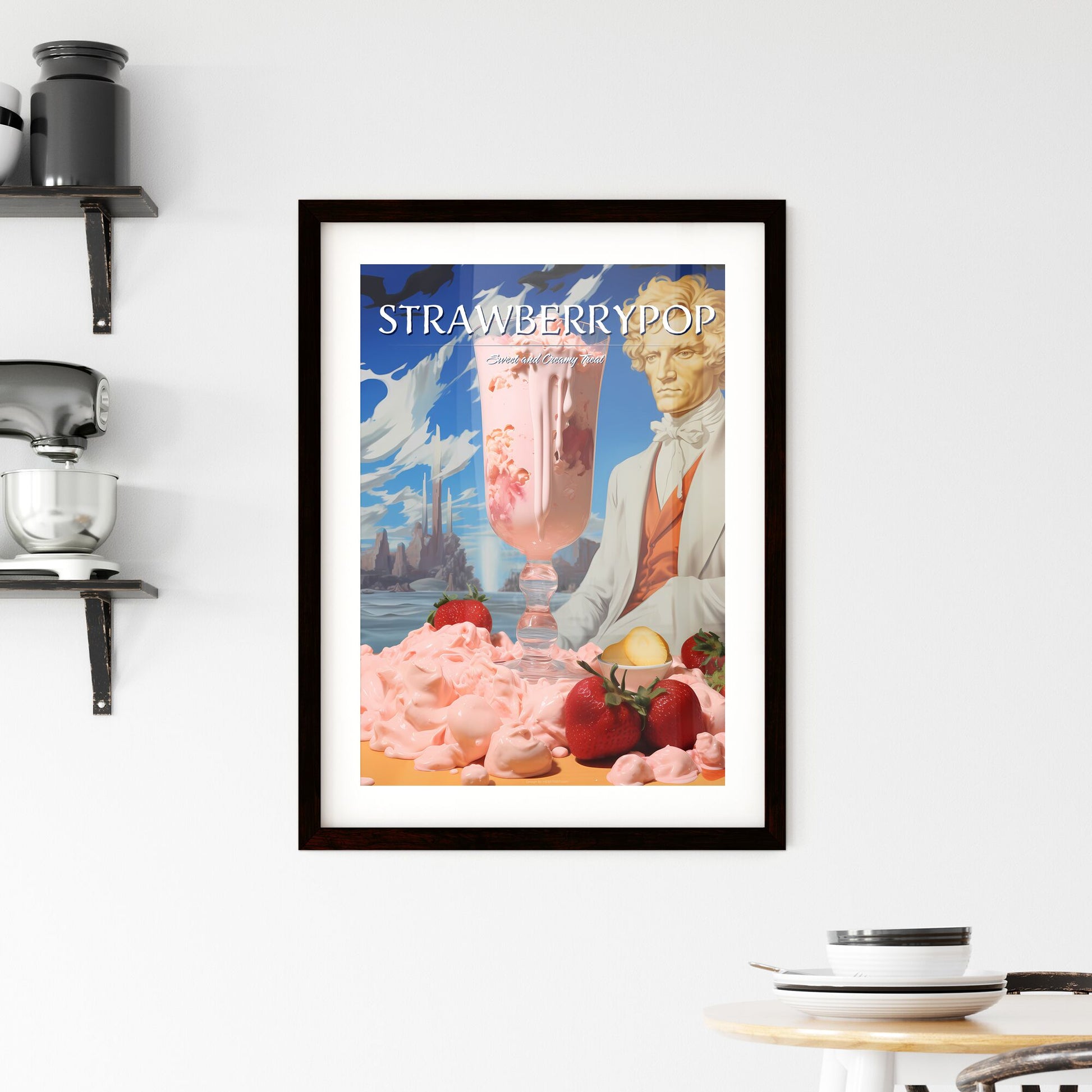 A Poster of strawberry milkshake - A Glass Of Pink Liquid With Strawberries And A Statue Of A Man Default Title