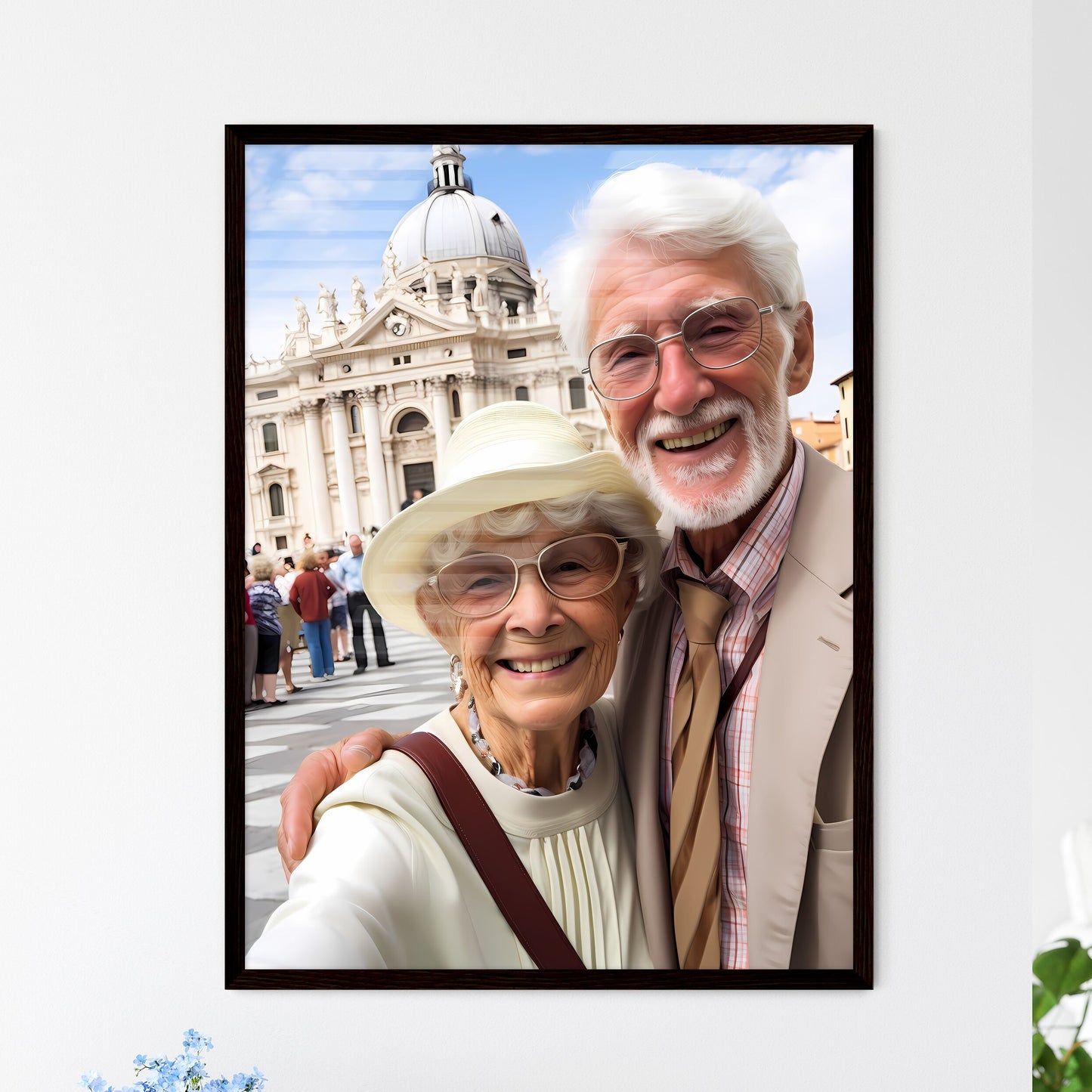 A Poster of Smiling elderly couple taking a  - Framed Art Print