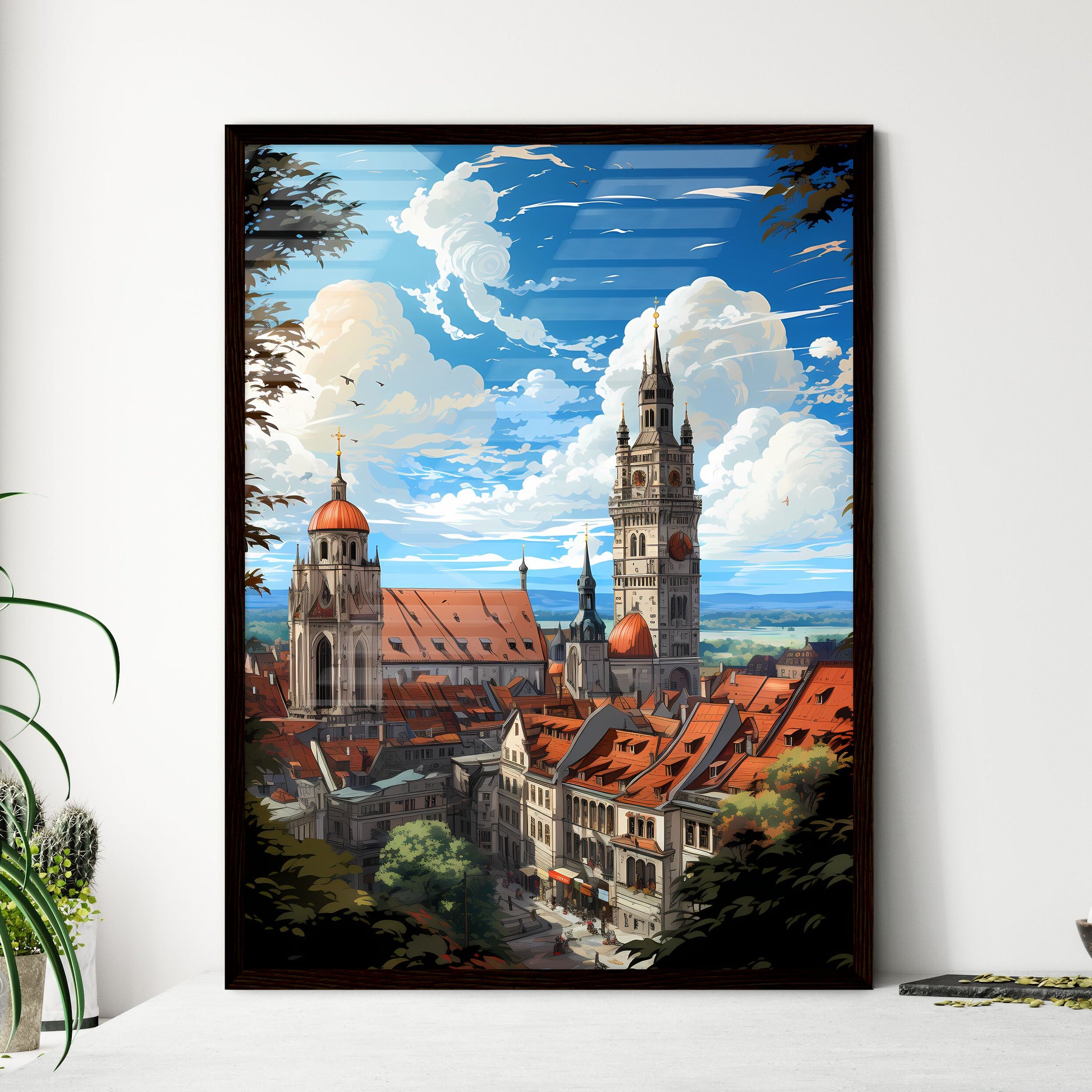 A Poster of the roofs of munich skyline - A City With A Tower And A Building Framed Art