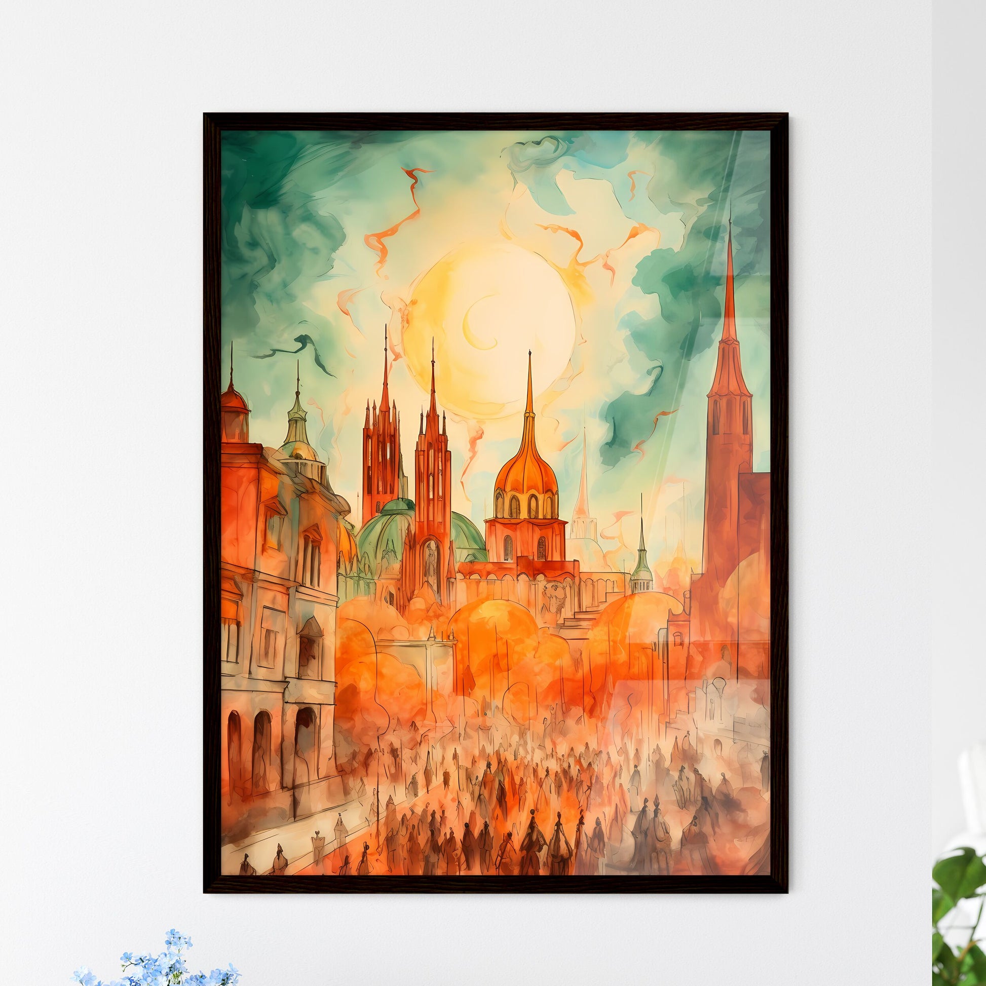 A Poster of cinco de mayo holiday card with copy space - A Painting Of A City With Buildings And A Crowd Of People Framed Art