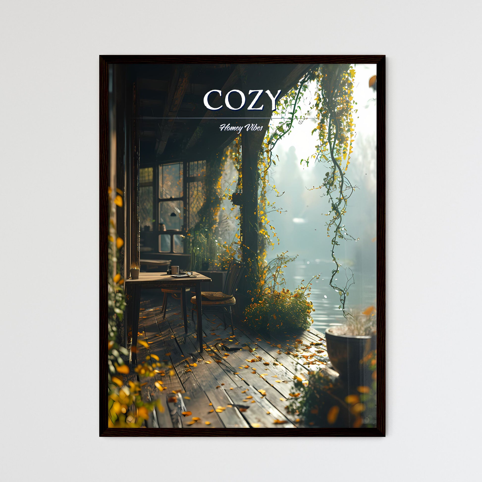 A Poster of furniture on deck with a view -  - Framed Art Print