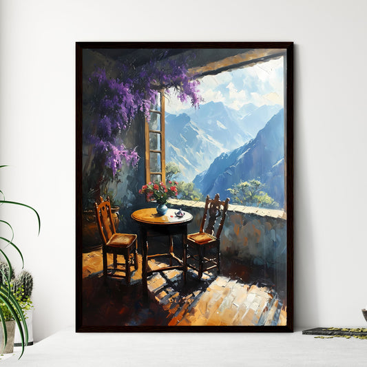 A Poster of Painting of table and chairs by the window - A Table And Chairs In A Room With Mountains In The Background Framed Art