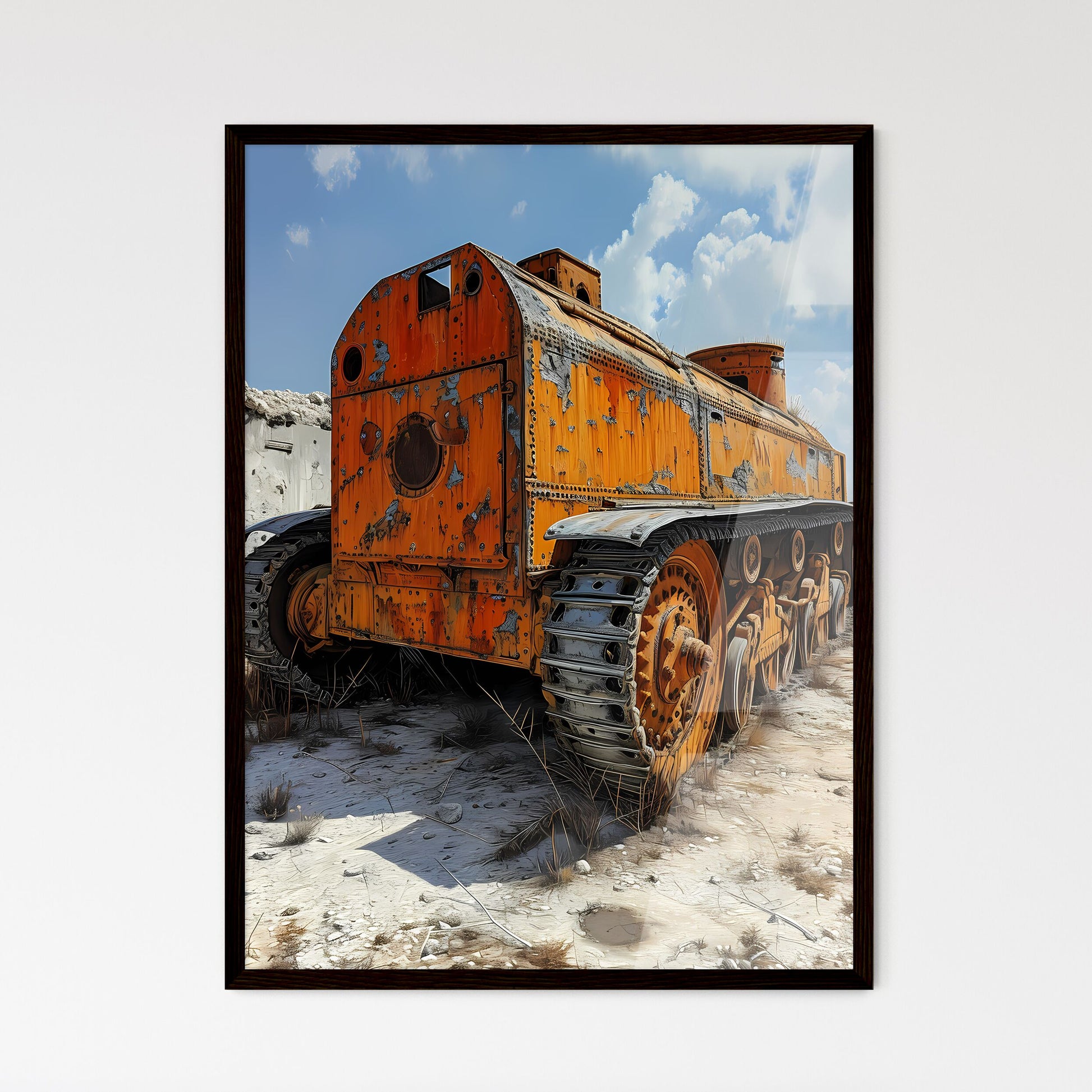 A Poster of WW1 tank battlefield in the back - Framed Art Print