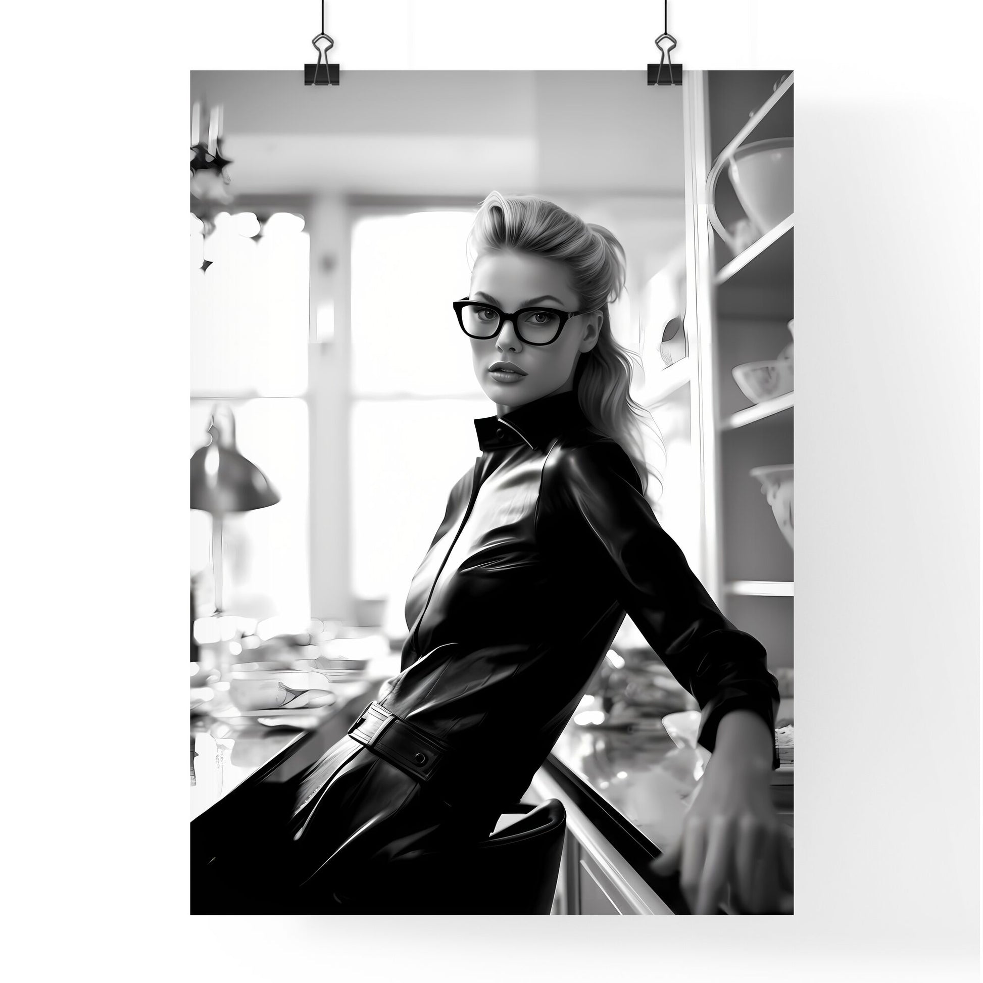 A Poster of leather goddess in a tres chic kitchen - A Woman In A Leather Dress Leaning Against A Piano Default Title