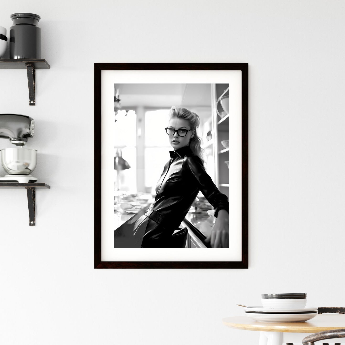 A Poster of leather goddess in a tres chic kitchen - A Woman In A Leather Dress Leaning Against A Piano Default Title