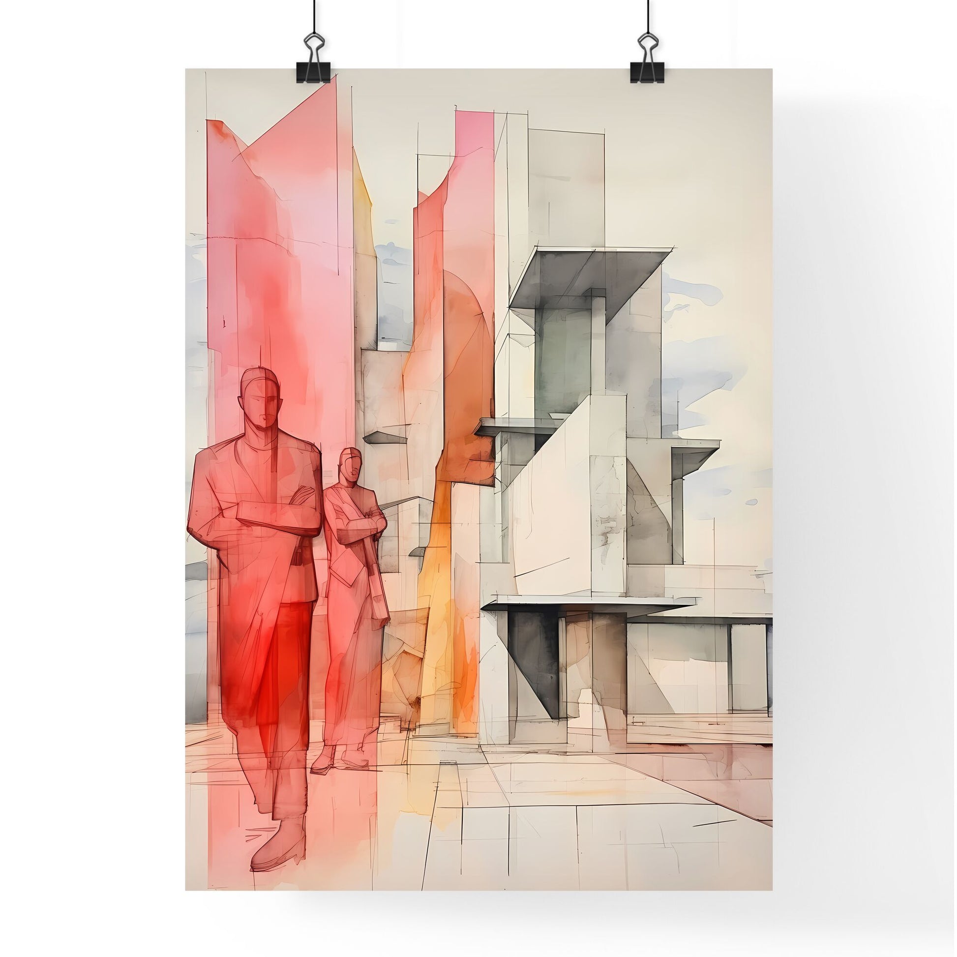 A Poster of minimalism architecture - A Drawing Of A Couple Of Men Standing Next To A Building Default Title