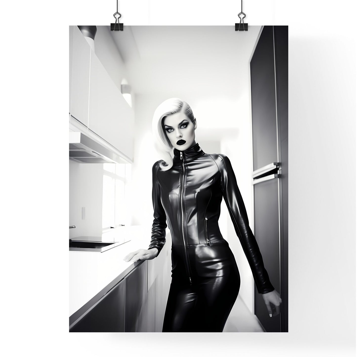 A Poster of woman wearing skintight black leather - A Woman In A Black Leather Outfit Default Title