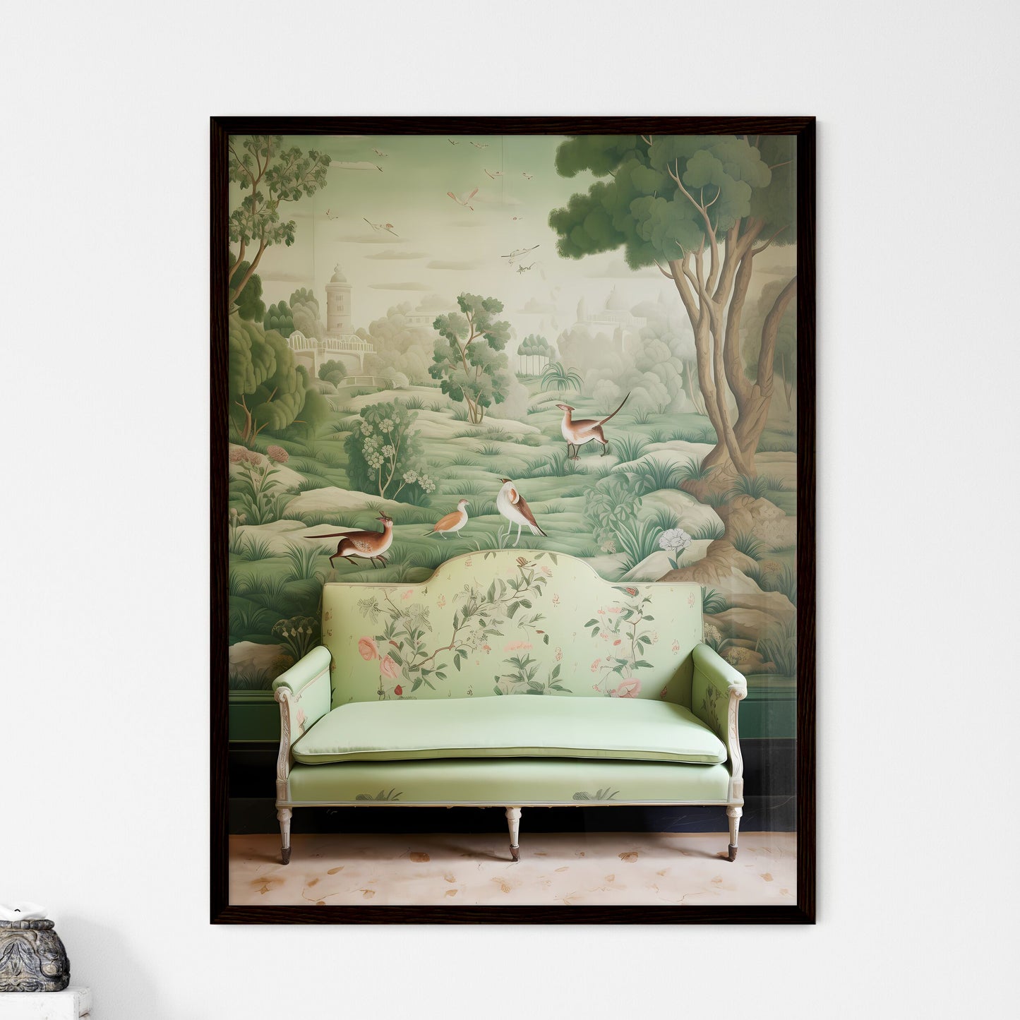A Poster of the tapestry is green with many animals  Wall Art