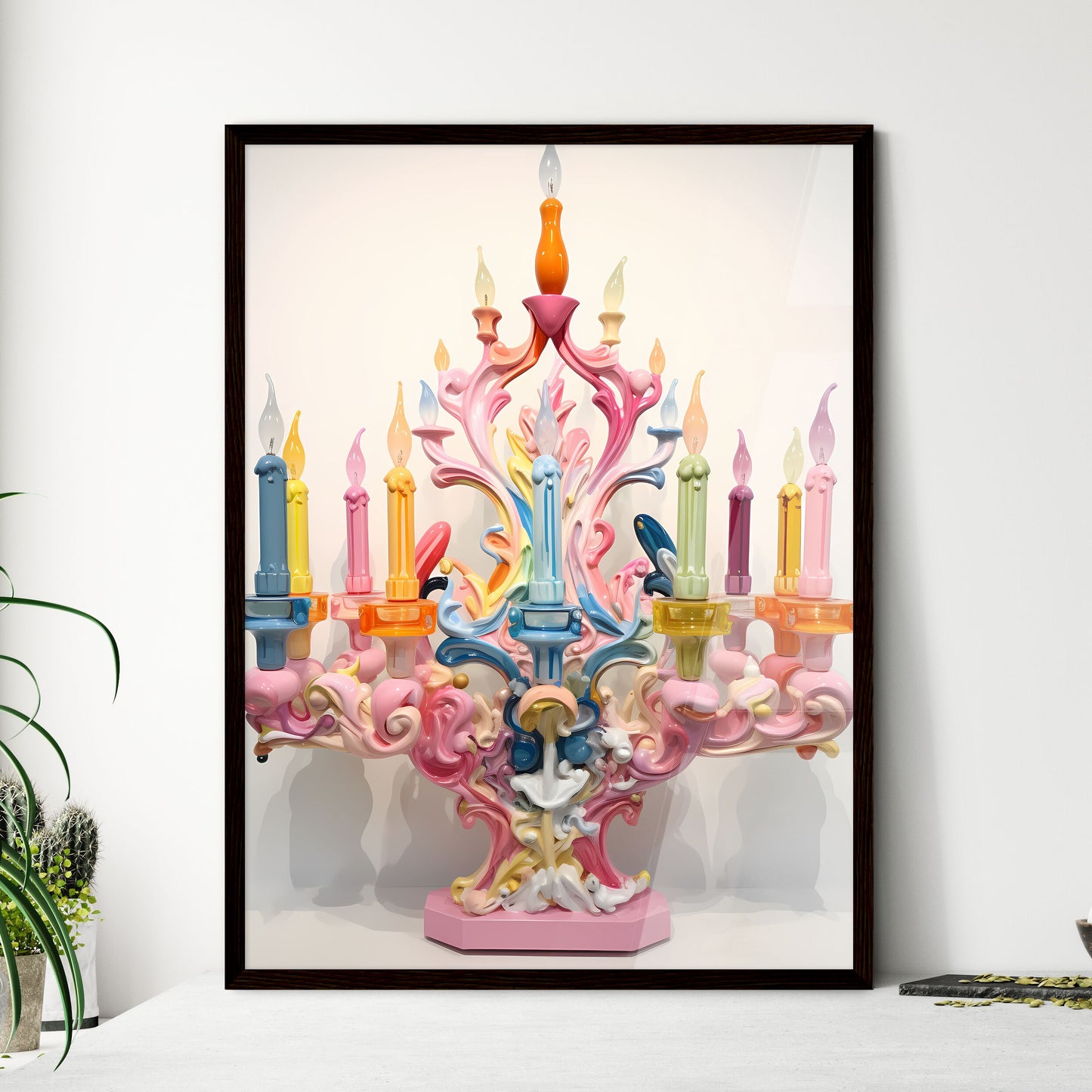 A Poster of a colorful menorah painted on wh - Framed Art Print