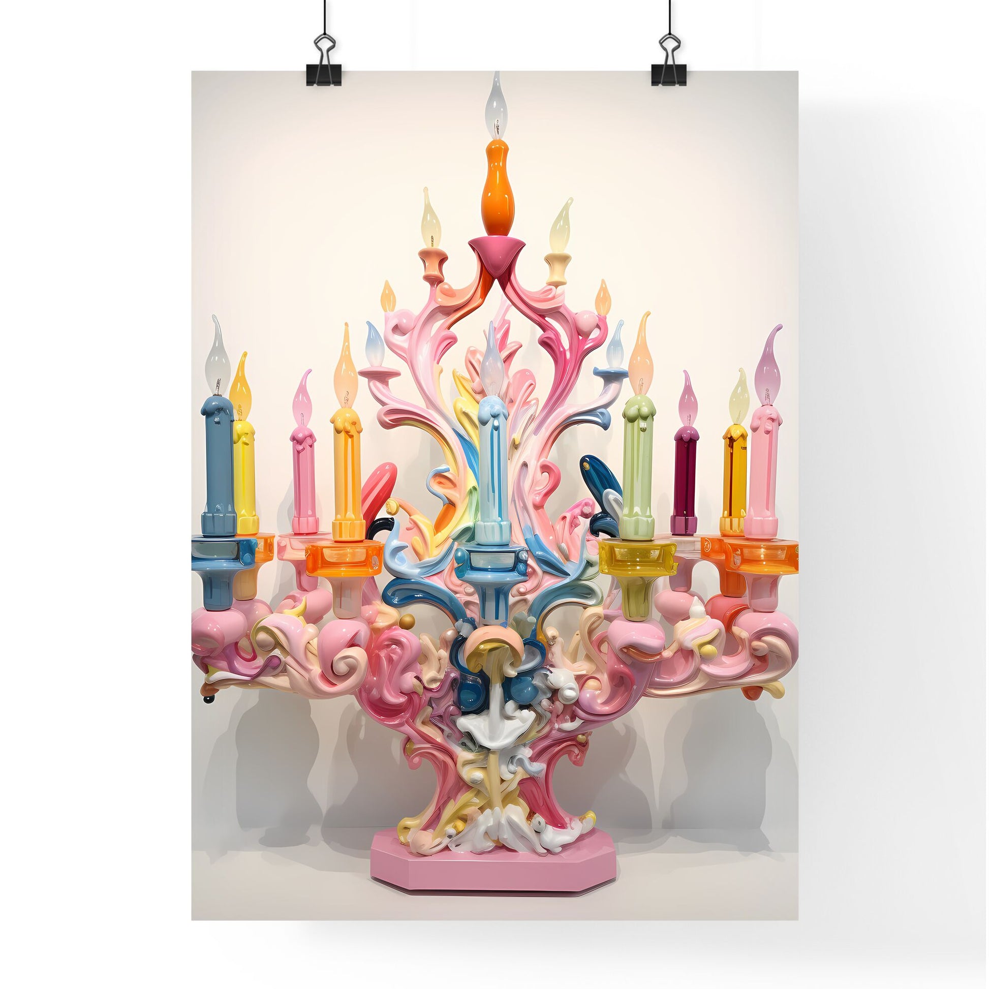 A Poster of a colorful menorah painted on white - A Colorful Candle Holder With Candles Default Title