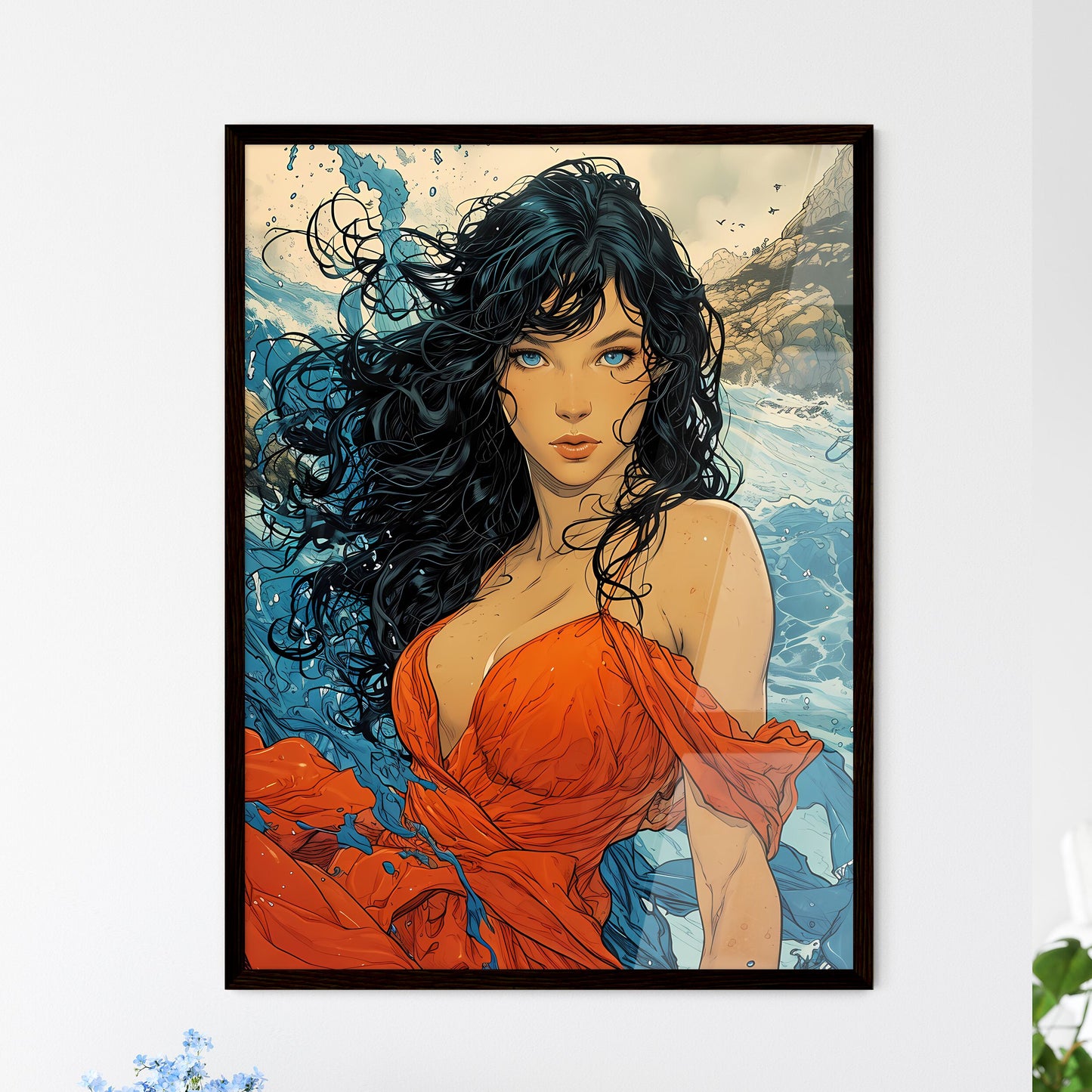 A Poster of an orange dress with blue eyes f - Framed Art Print