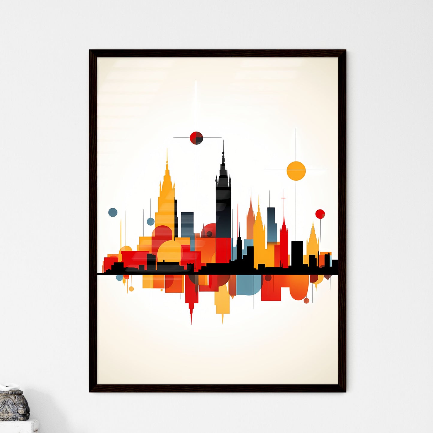 A Poster of minimalist Barcelona skyline - A Colorful City Skyline With Circles And Dots Framed Art