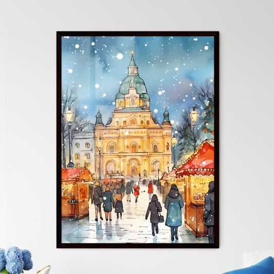 A Poster of people walking a beautiful Italian Christmas market - A Group Of People Walking In A Snowy Area Framed Art
