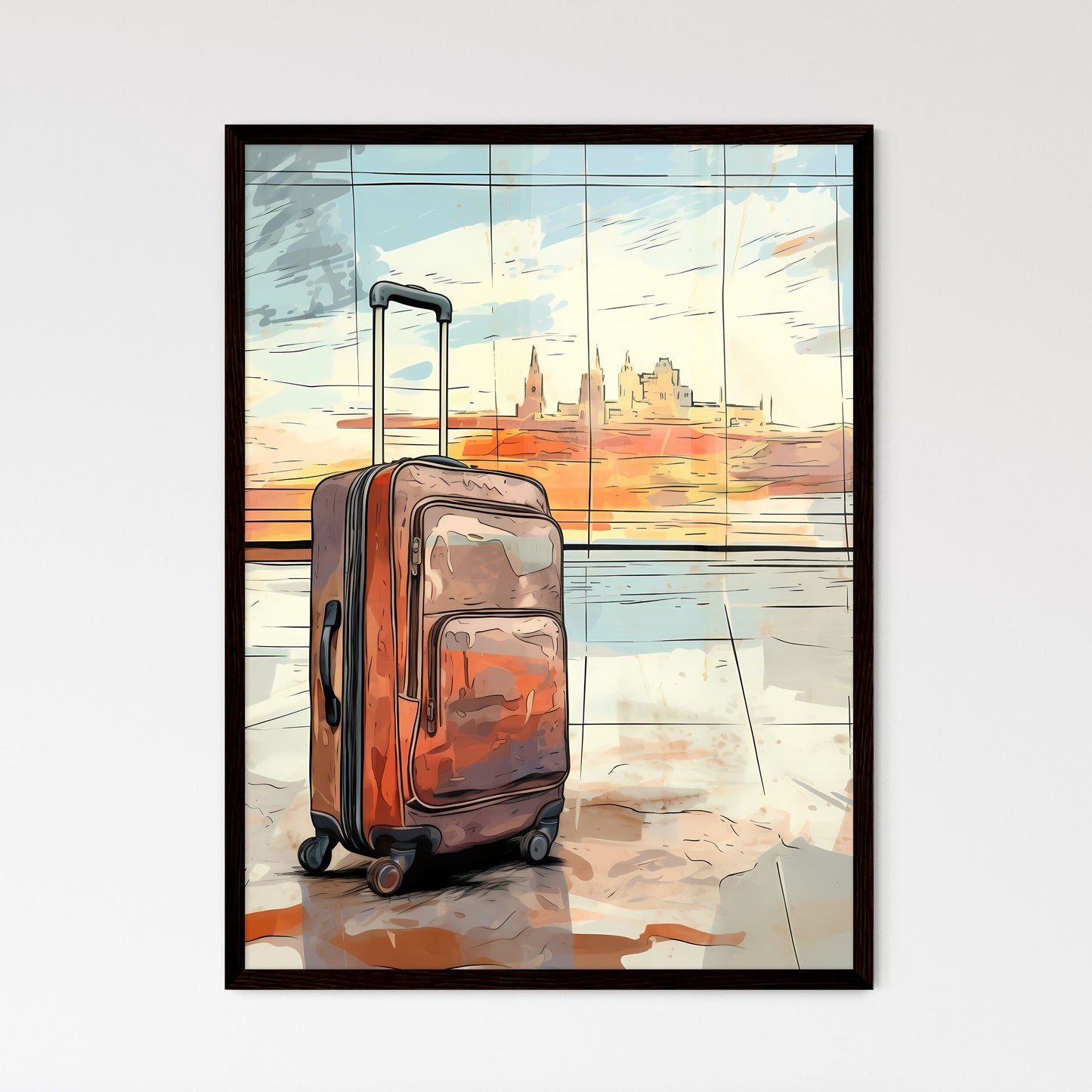 A Poster of travel suitcase at the airport - - Framed Art Print